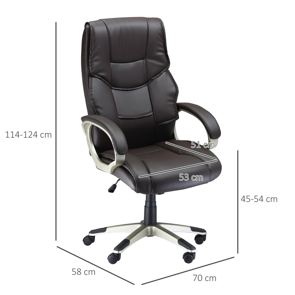 Silla de Oficina con Respaldo Alto, Sillón Giratorio de Cuero Sintético con Altura Ajustable, Marrón