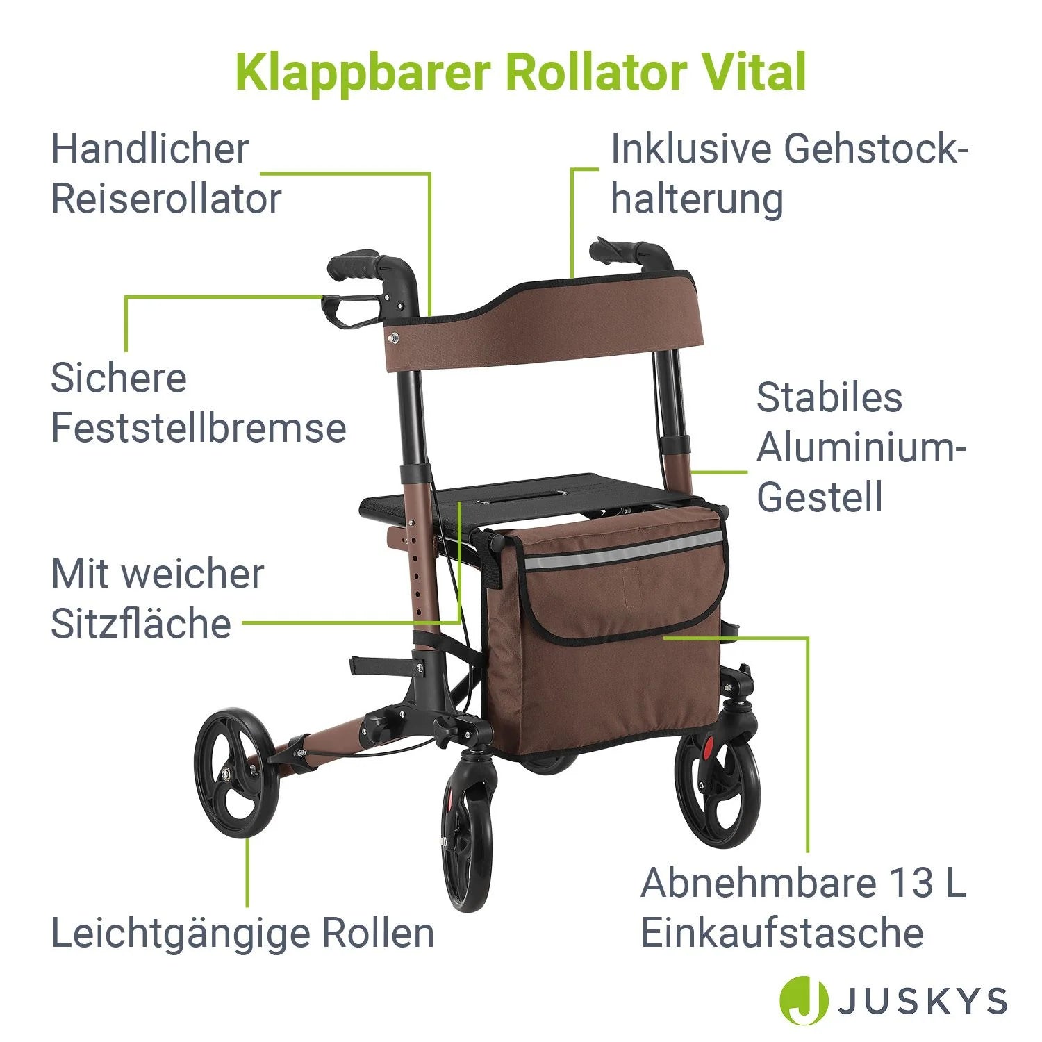 2025 Andador de aluminio Vital con asiento – Ligero, plegable y seguro