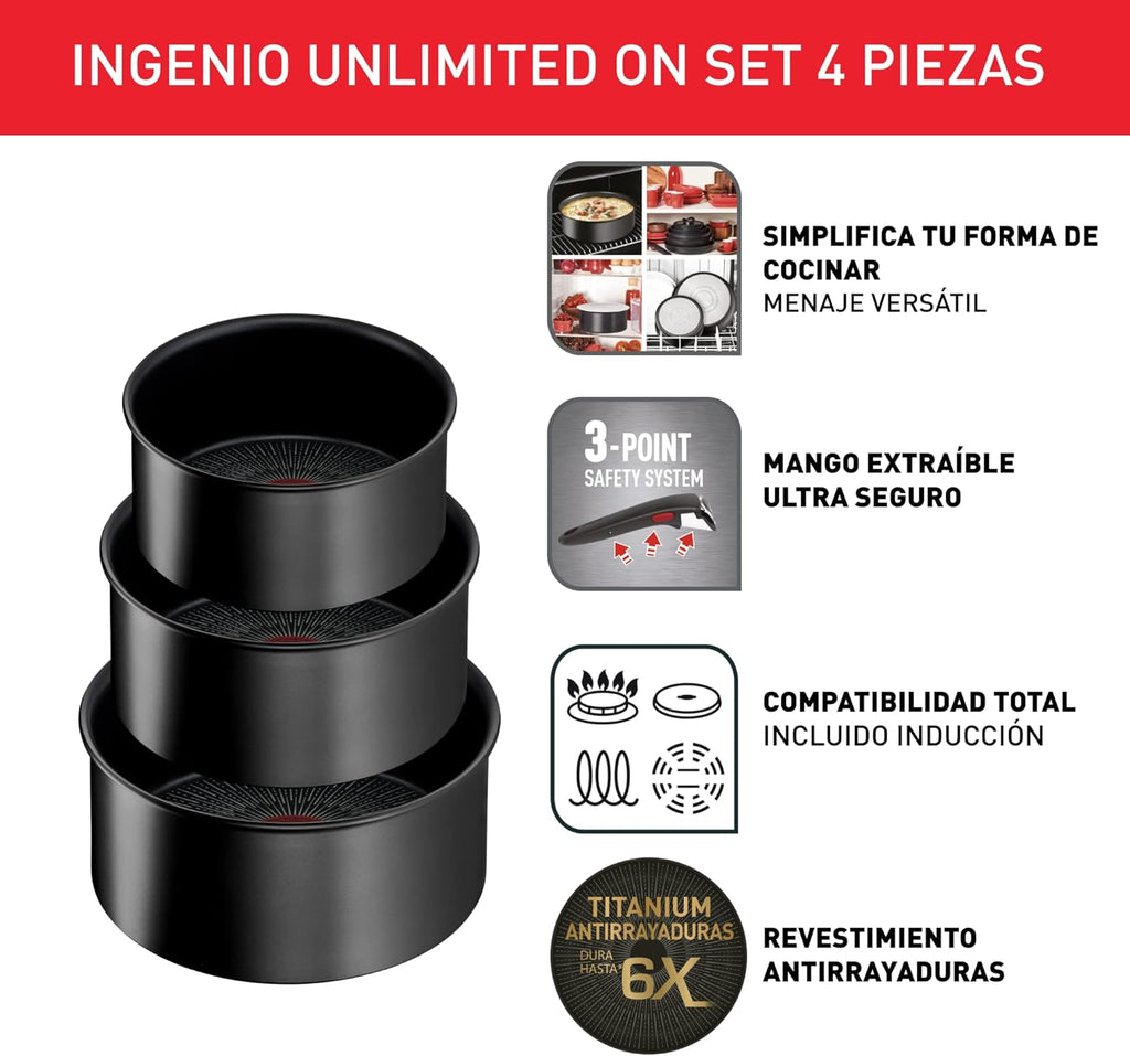 Tefal Ingenio Unlimited On - Juego de 3 Cazos 16/18/20 cm + Mango extraíble | Apto inducción, antiadherentes, revestimiento titanio, Thermo-signal, sin PFOA, apto lavavajillas y horno