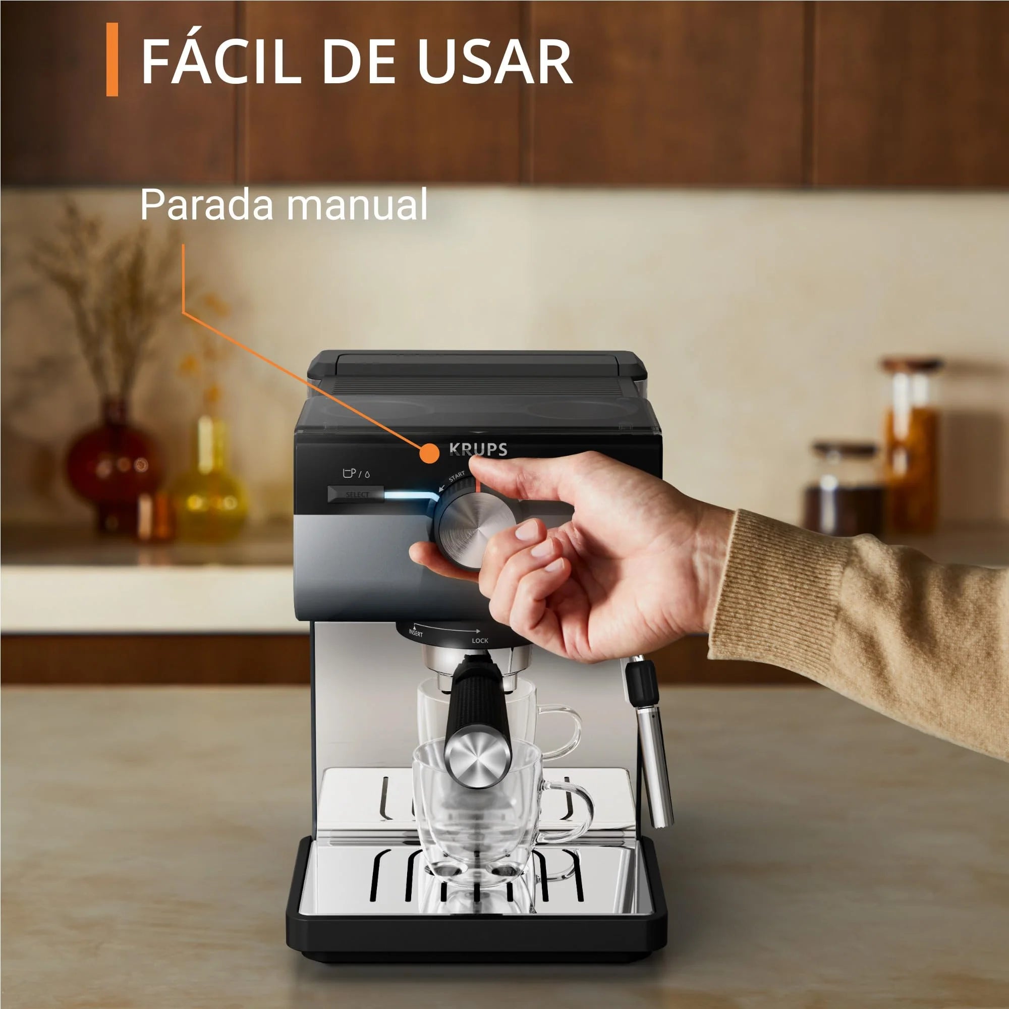 Krups Virtuoso Essential - Cafetera espresso 15 bar, acero inox negro, diseño compacto y elegante, parada automática, espresso y cappuccino, Thermoblock, boquilla de vapor, incluye cuchara, XP4418