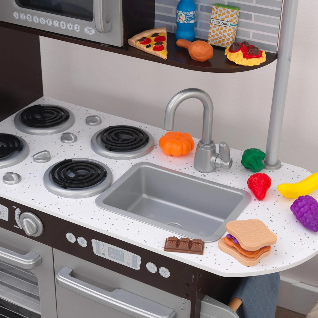 2025 Cocina de madera KidKraft Uptown Espresso con 30 accesorios de alimentos lúdicos