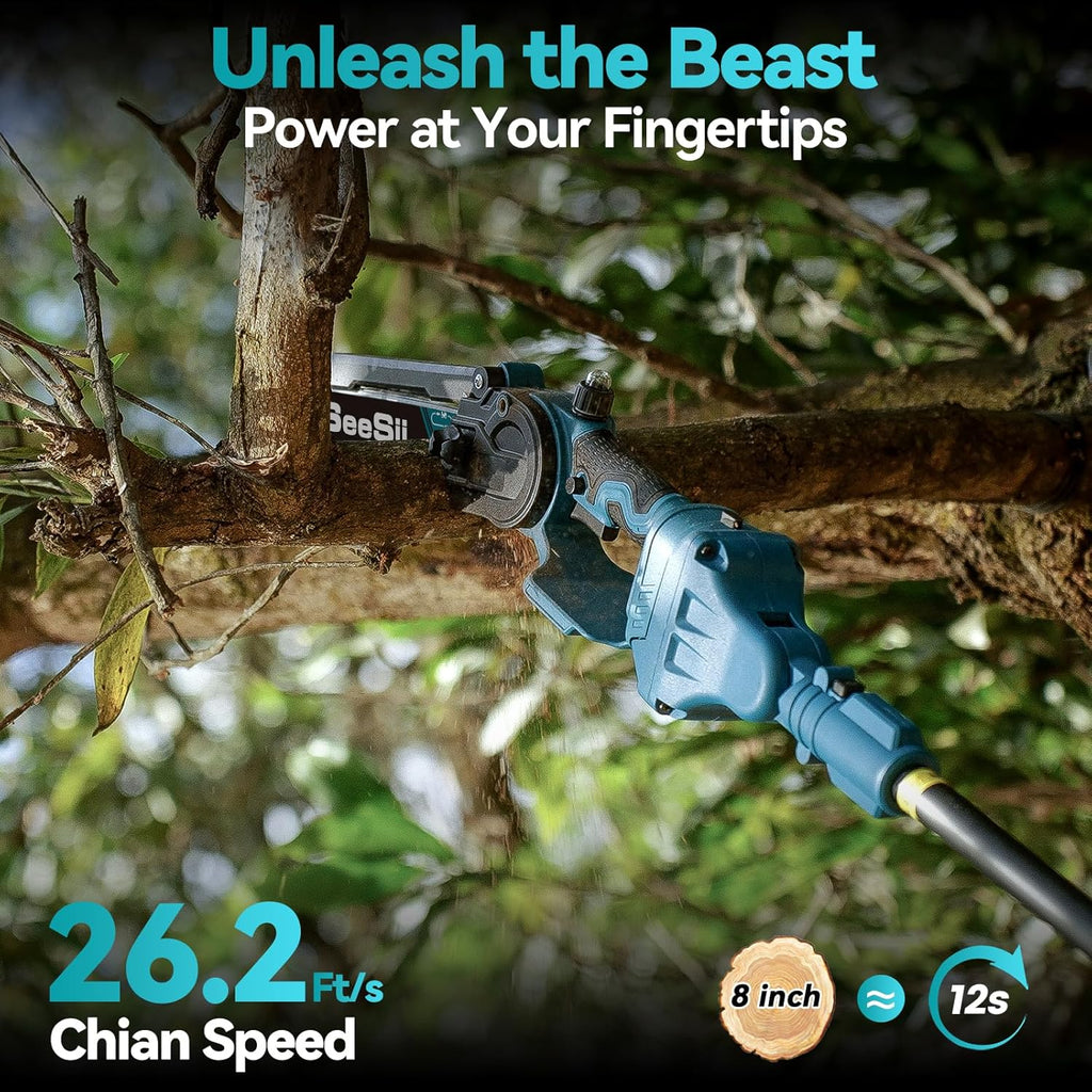 SEESII 2-in-1 Cordless Chain Saw and Mini Chainsaw with 2 4000mAh Batteries, 8 Inch Brushless Chainsaw with Telescopic Pole, Extendable up to 15 Feet for Tree Pruning