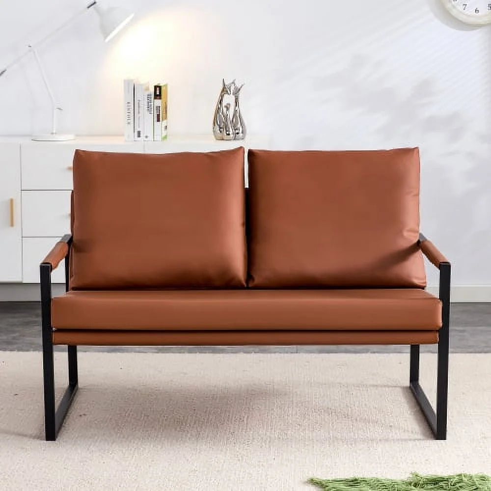 Sofá moderno de 2 plazas con 2 cojines – cuero PU, espuma de alta densidad, estructura metálica negra revestida, color marrón
