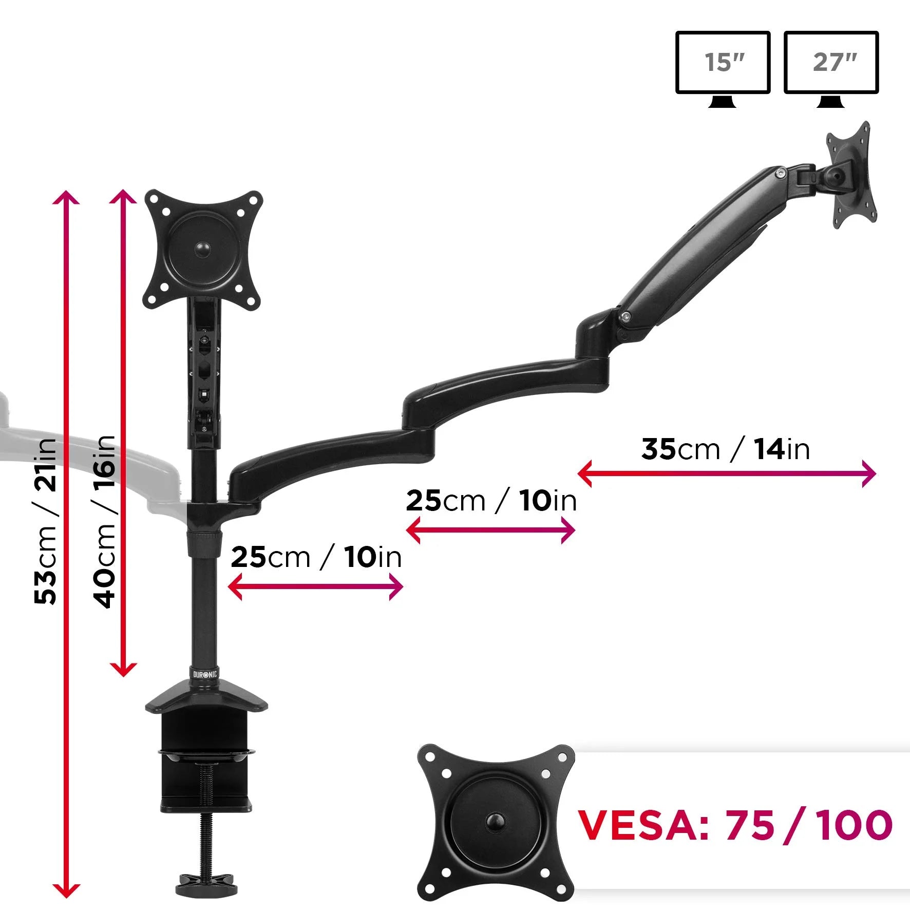 2025 Duronic Soporte para Monitor DM553 | Soporte triple para escritorio PC | NEGRO | Aluminio | Altura ajustable | Para tres pantallas LED/LCD de 15-27 pulgadas | Compatible con VESA 75/100 | Capacidad de 5 kg por pantalla
