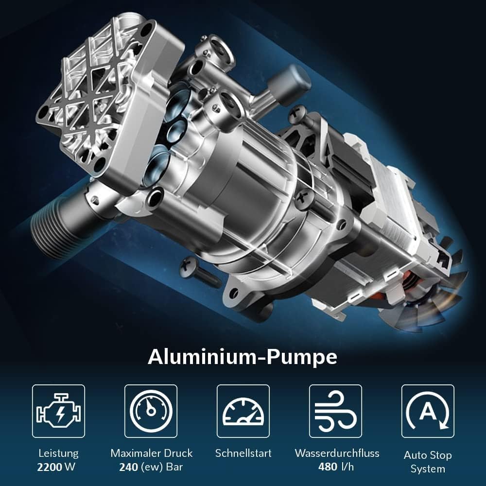 LEHMANN Missouri High Pressure Washer, 2200 W, Max 240 Bar, Flow Rate 480 l/h, 12 m High Pressure Hose, with Accessories - Foam Lance, Adjustable Nozzle, Turbo Nozzle