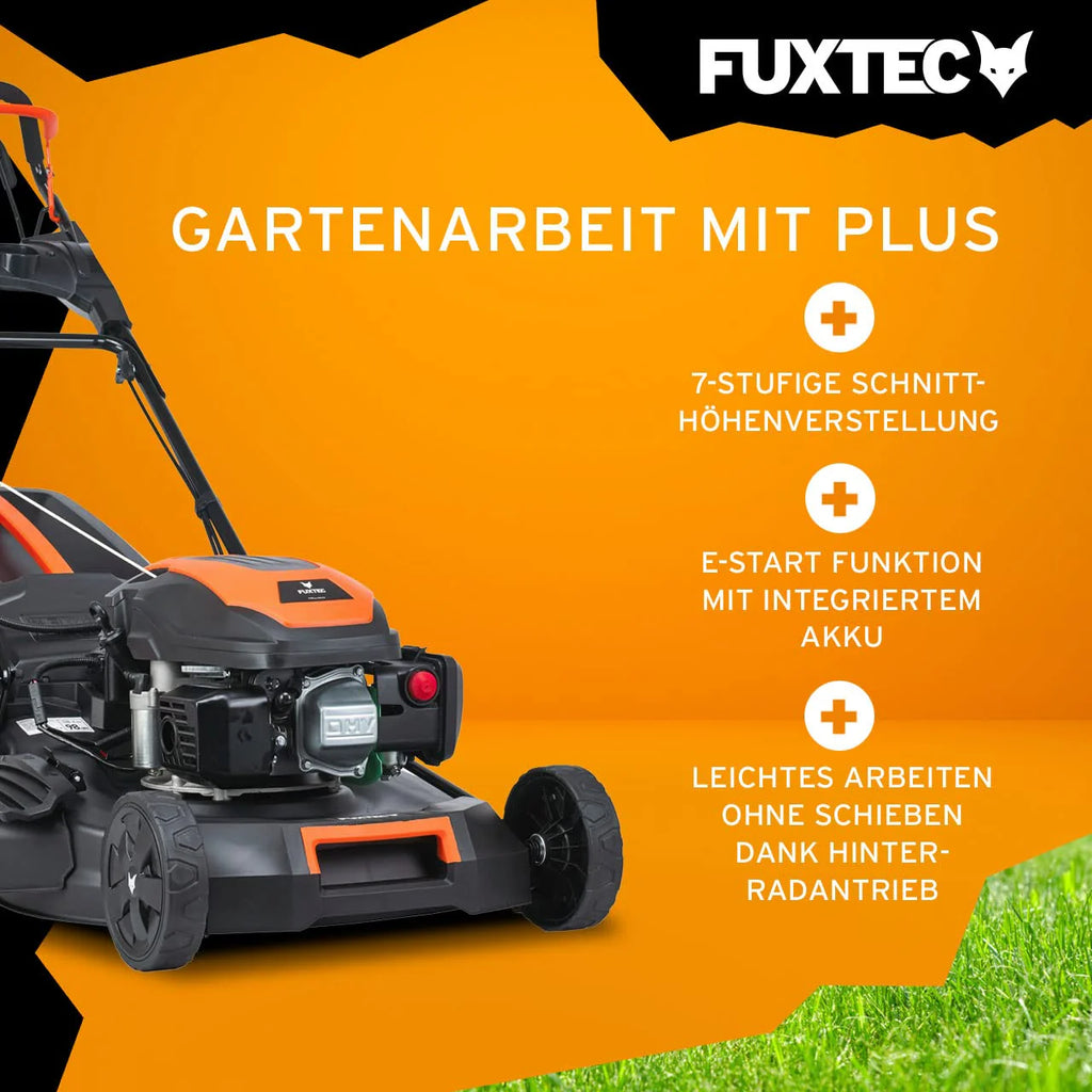 2025 Cortacésped de gasolina 4 en 1 FUXTEC FX-RM5196eS con motor ZIPGO, cortacésped de jardín con función de descarga lateral, ancho de corte 51 cm, motor de 4 tiempos con tracción trasera, ruedas grandes con rodamientos, bolsa de césped 60 L