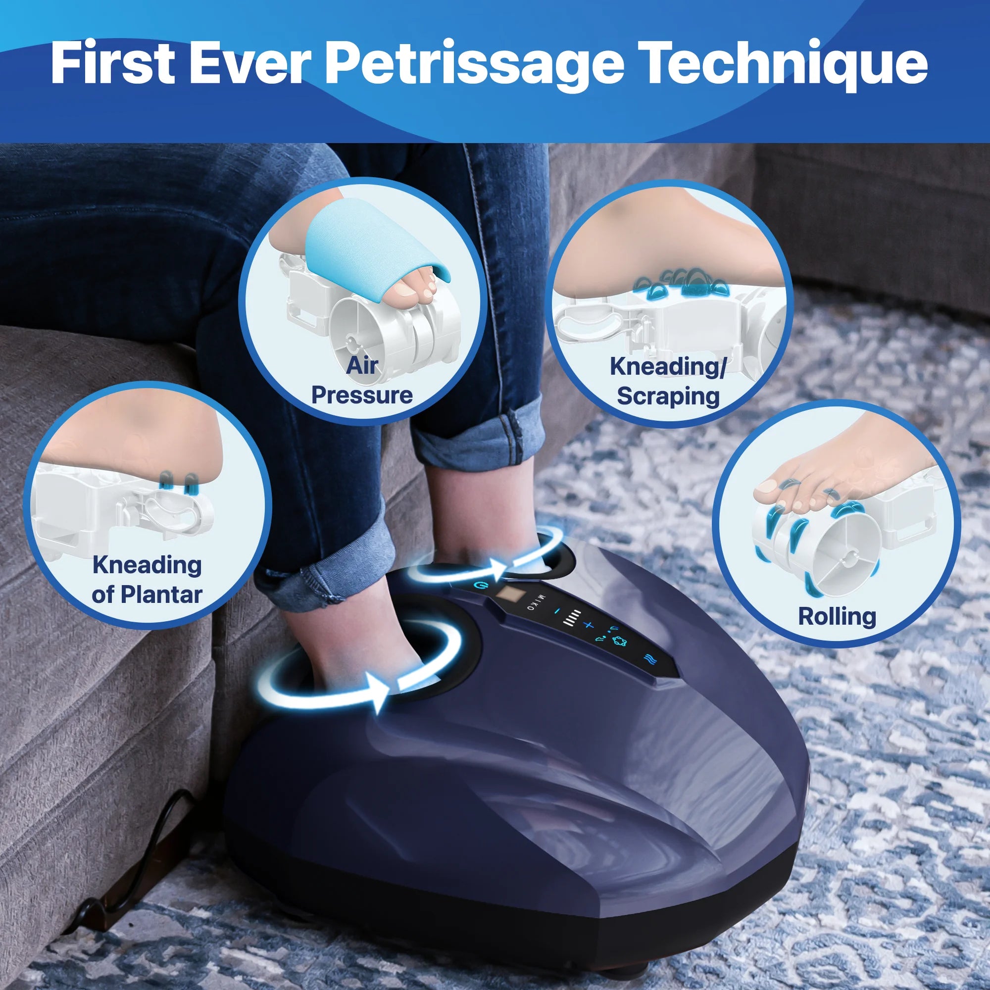 Aparato de masaje de pies MIKO Shiatsu – Amasamiento profundo, Shiatsu, compresión de aire y terapia de calor – Pantalla táctil – 2 controles remotos inalámbricos