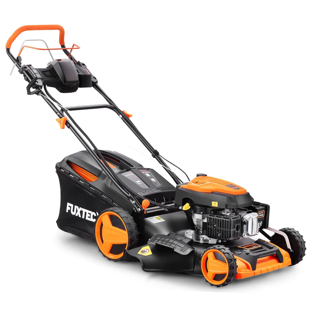 2025 Cortacésped de gasolina 4 en 1 FUXTEC FX-RM5196eS con motor ZIPGO, cortacésped de jardín con función de descarga lateral, ancho de corte 51 cm, motor de 4 tiempos con tracción trasera, ruedas grandes con rodamientos, bolsa de césped 60 L