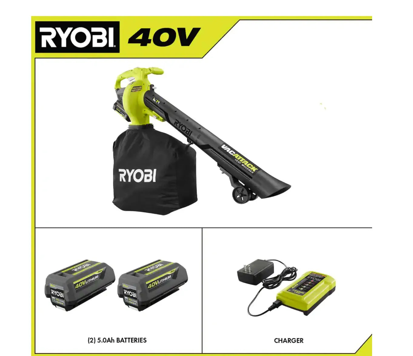 2025 RYOBI RY40451-2B Aspirador/Soplador inalámbrico Vac Attack 40V con (2) baterías 5,0 Ah y (1) cargador