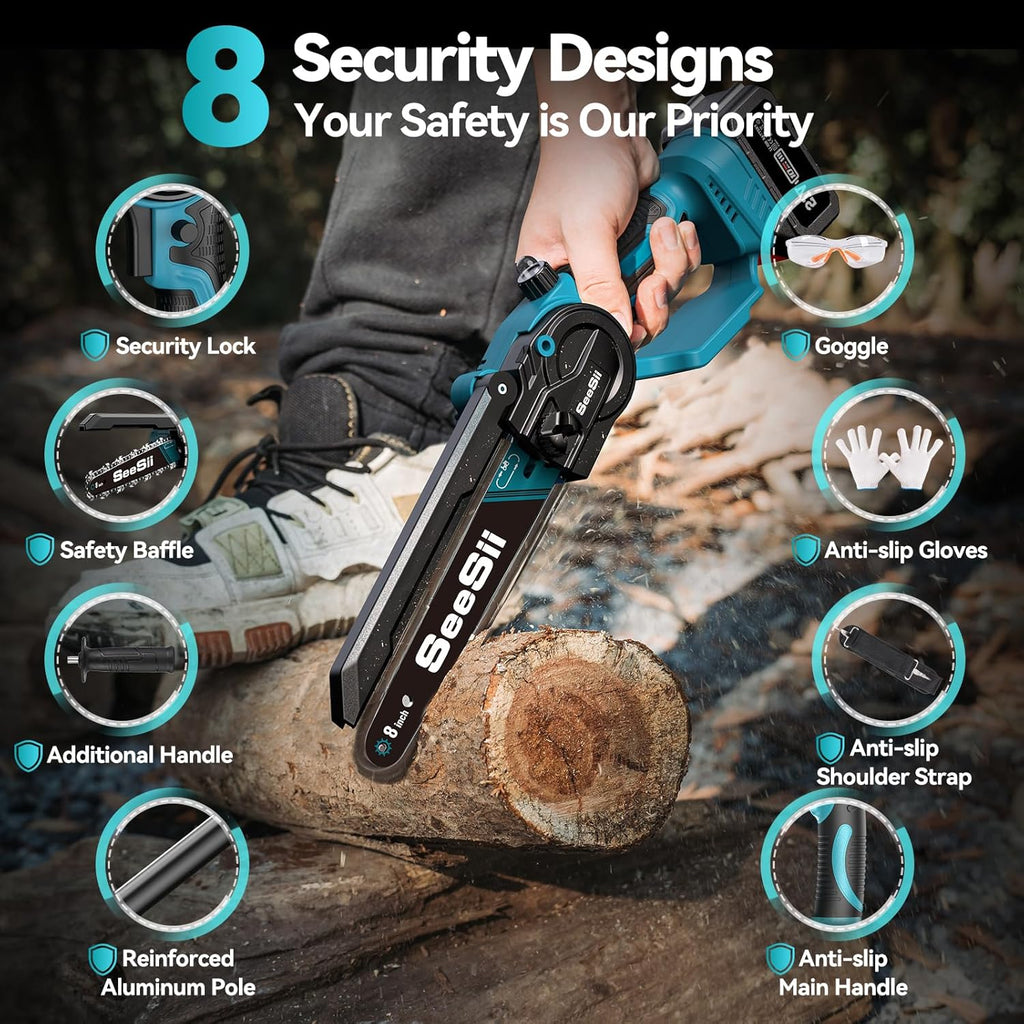 SEESII 2-in-1 Cordless Chain Saw and Mini Chainsaw with 2 4000mAh Batteries, 8 Inch Brushless Chainsaw with Telescopic Pole, Extendable up to 15 Feet for Tree Pruning