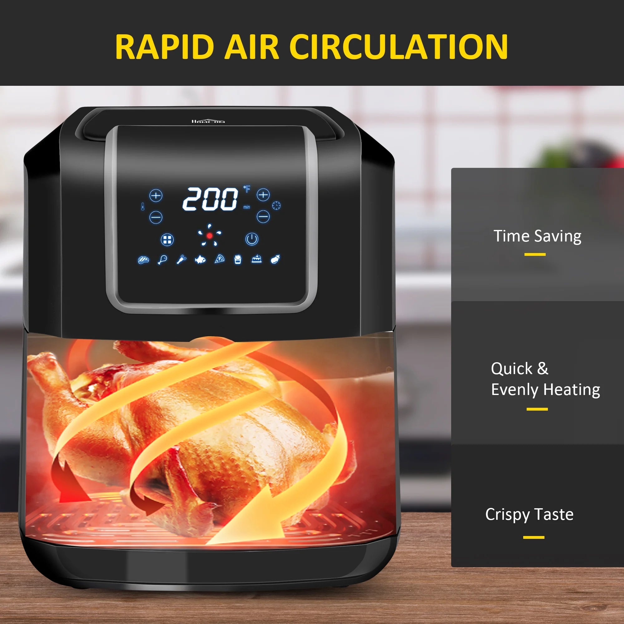 2025 Freidora de aire eléctrica Homlixry de 7 cuartos de galón y 1700 W con pantalla digital, circulación de aire de 360°, temperatura ajustable, temporizador y cesta antiadherente para cocinar con poca grasa o sin aceite, color negro