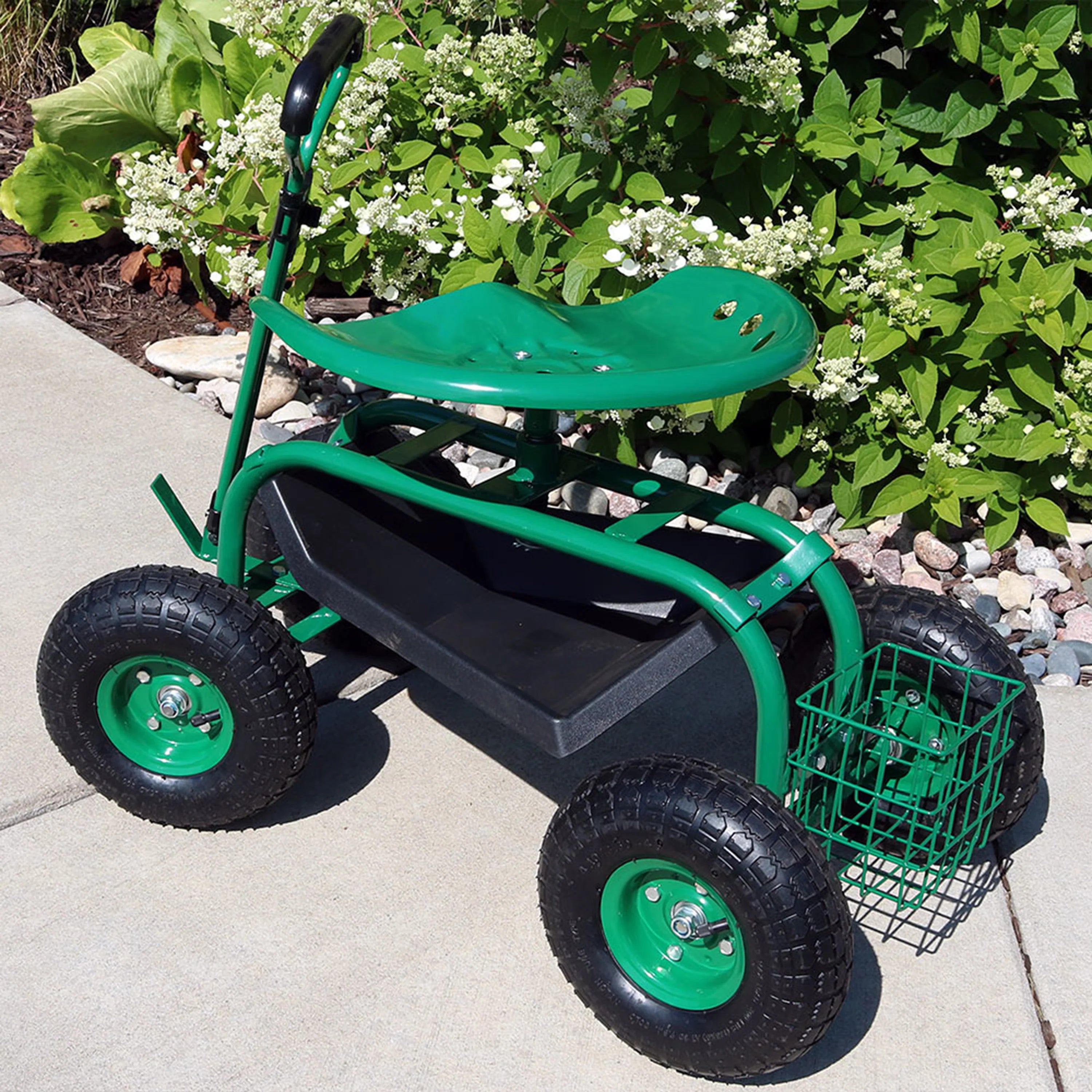 2025 Carrito de Jardín Rodante Sunnydaze con Asiento Giratorio y Manillar de Dirección