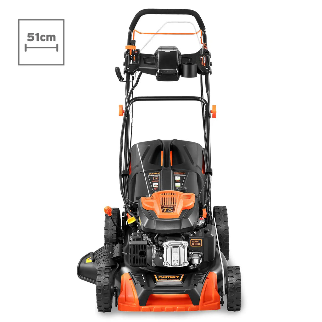 2025 Cortacésped de gasolina 4 en 1 FUXTEC FX-RM5196eS con motor ZIPGO, cortacésped de jardín con función de descarga lateral, ancho de corte 51 cm, motor de 4 tiempos con tracción trasera, ruedas grandes con rodamientos, bolsa de césped 60 L