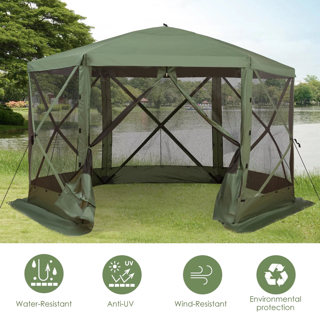 Carpa hexagonal Outsunny 3,6 m x 3,6 m con mosquitera – Pabellón plegable portátil con paredes de malla, bolsa de transporte y espacio sombreado, color verde