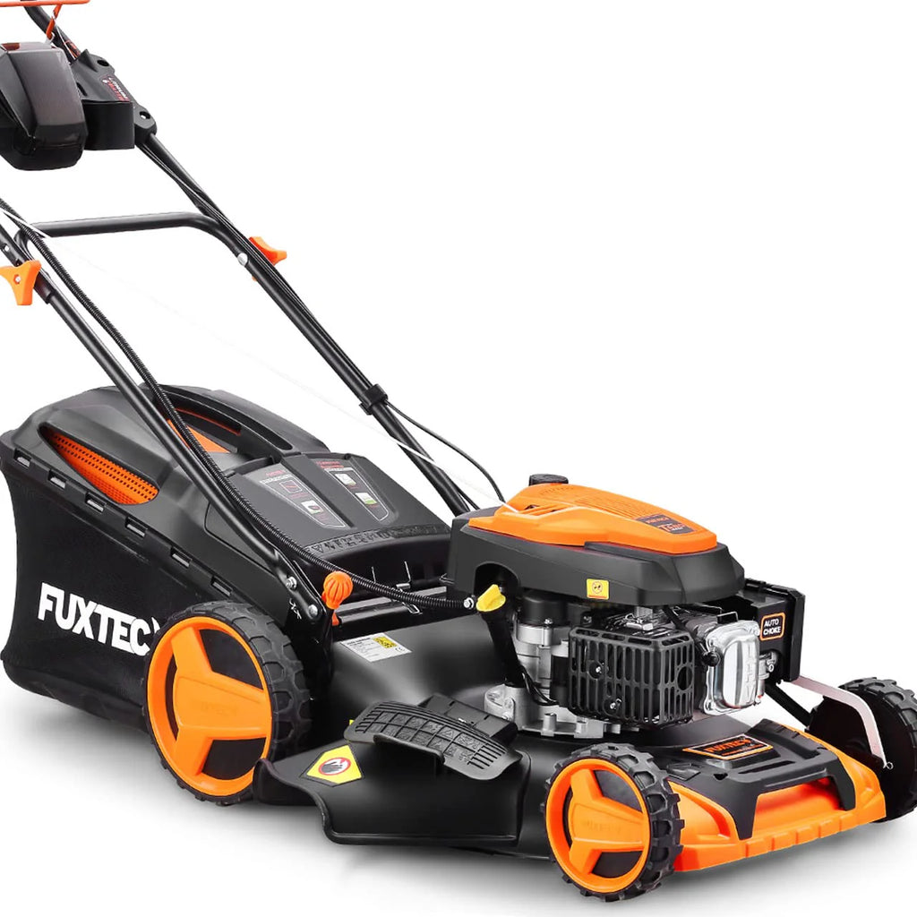 2025 Cortacésped de gasolina 4 en 1 FUXTEC FX-RM5196eS con motor ZIPGO, cortacésped de jardín con función de descarga lateral, ancho de corte 51 cm, motor de 4 tiempos con tracción trasera, ruedas grandes con rodamientos, bolsa de césped 60 L