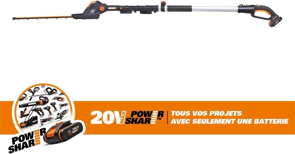 Worx 18V (20V MAX) Cortasetos Telescópica Alimentada por Batería PowerShare 2Ah WG252E, Cizalla Eléctrica, Tijeras Alimentadas por Batería con Hoja de Diamante Cortada con Láser