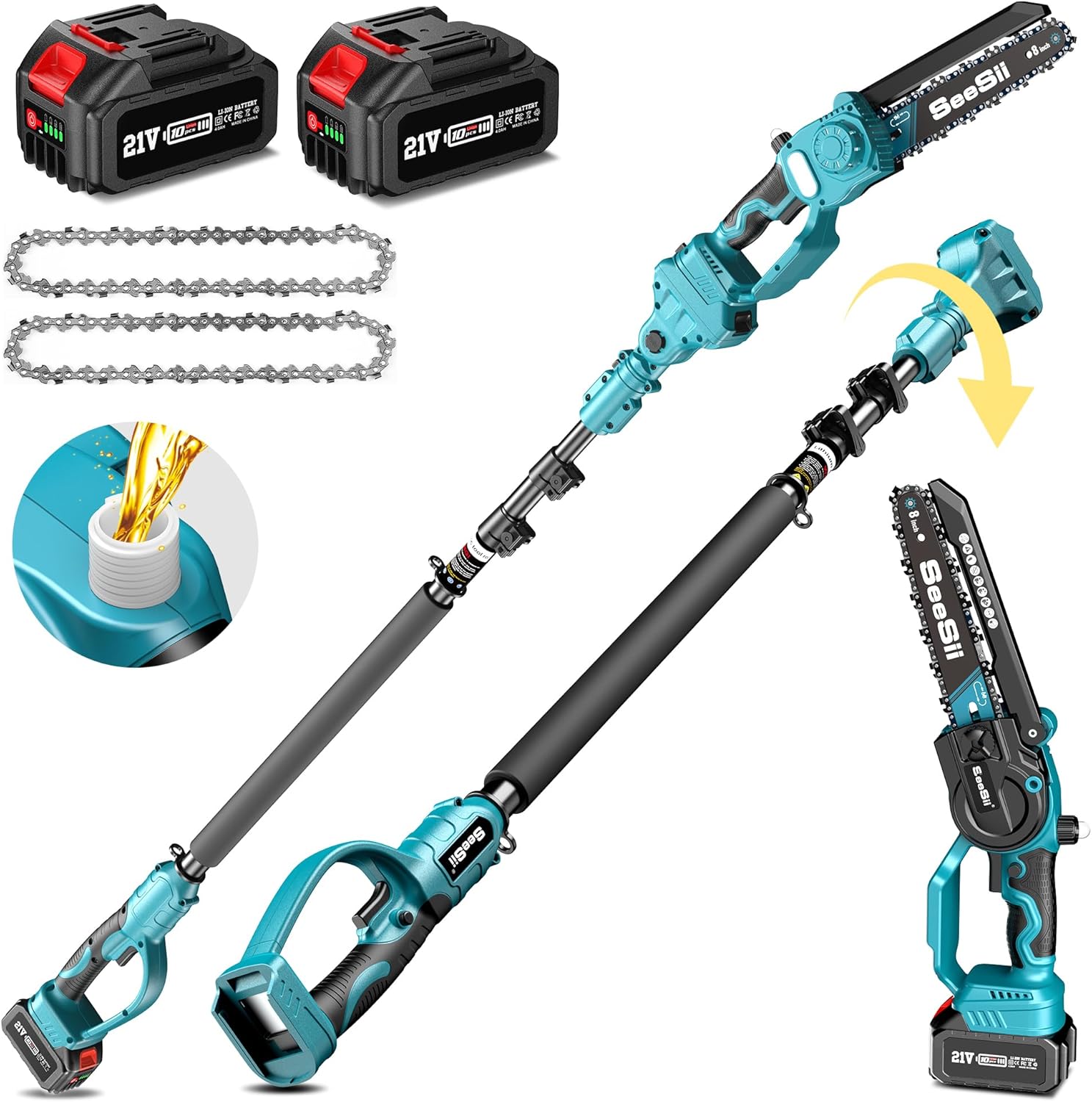 SEESII 2-in-1 Cordless Chain Saw and Mini Chainsaw with 2 4000mAh Batteries, 8 Inch Brushless Chainsaw with Telescopic Pole, Extendable up to 15 Feet for Tree Pruning