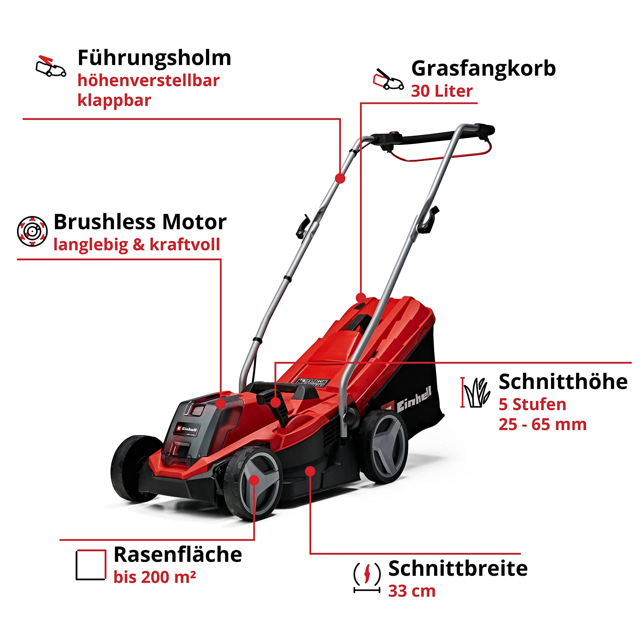 2025 Cortacésped a batería Einhell GE-CM 18/33 Li-Solo Power X-Change (18 V, ancho de corte 33 cm, hasta 200 m², motor brushless, bolsa de recogida 30 L, altura de corte 25-65 mm, sin batería)