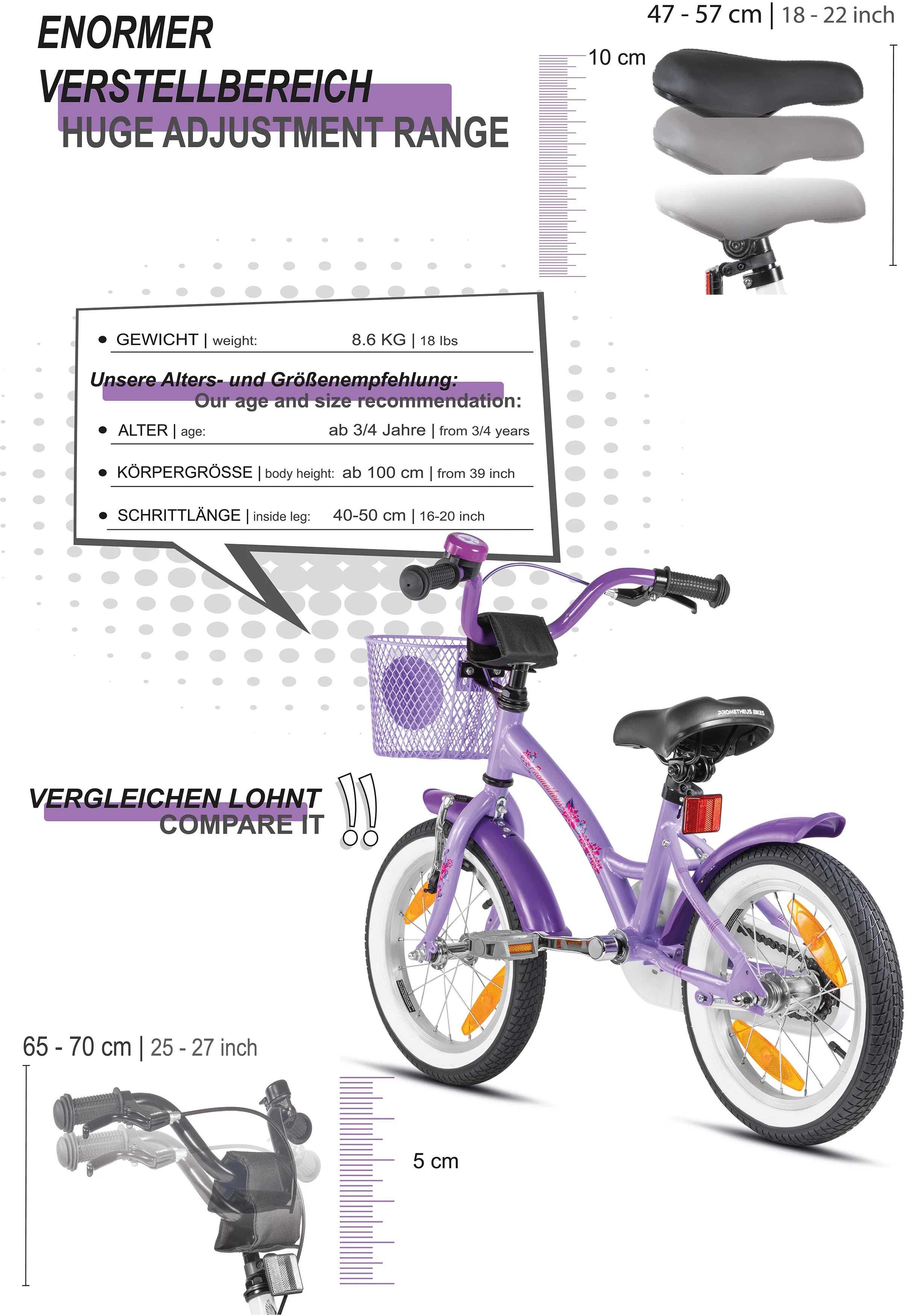 2025 Bicicleta Infantil de 14 Pulgadas con Ruedas de Apoyo, Violeta y Blanco, desde 3-4 Años