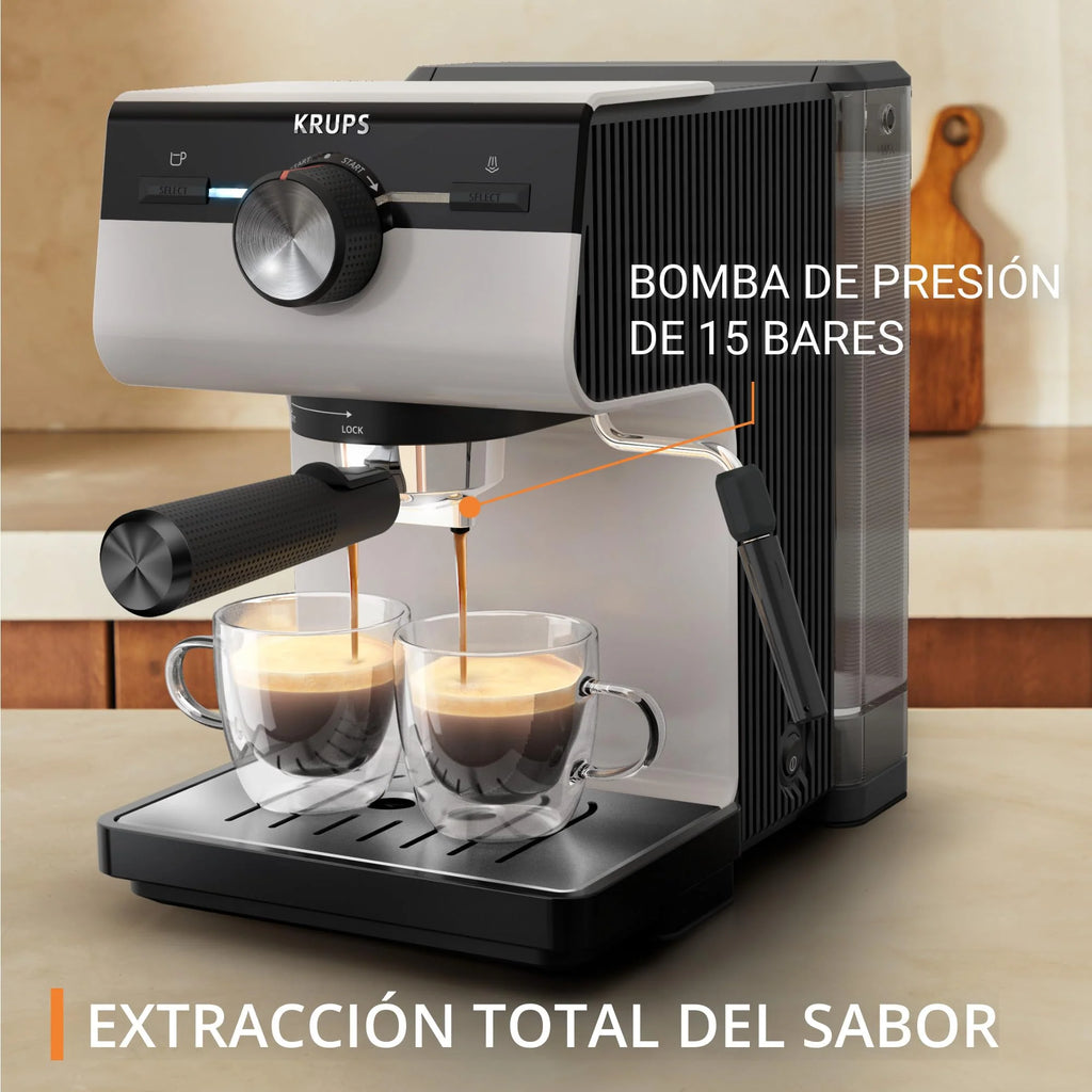 Krups Virtuoso Essential - Cafetera espresso 15 bar, acero inox negro, diseño compacto y elegante, parada automática, espresso y cappuccino, Thermoblock, boquilla de vapor, incluye cuchara, XP4418