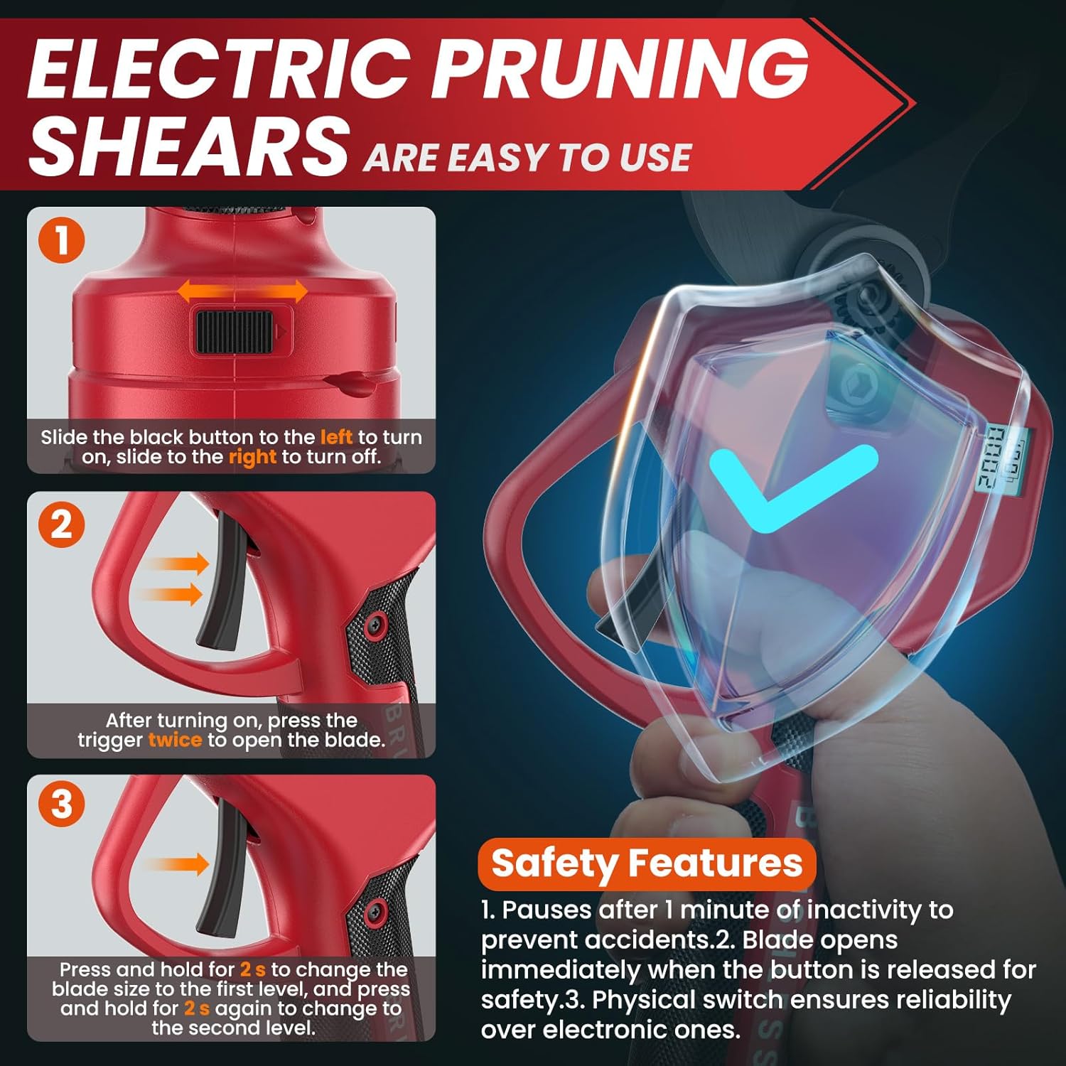 Electric Pruning Shears 50 mm, with Display, 2 Batteries 2000 mAh, Continued 4-8 Hours, Cutting Diameter is Adjustable in Two Gears (35/50 mm), Suitable for Orchards, Gardens and Farms