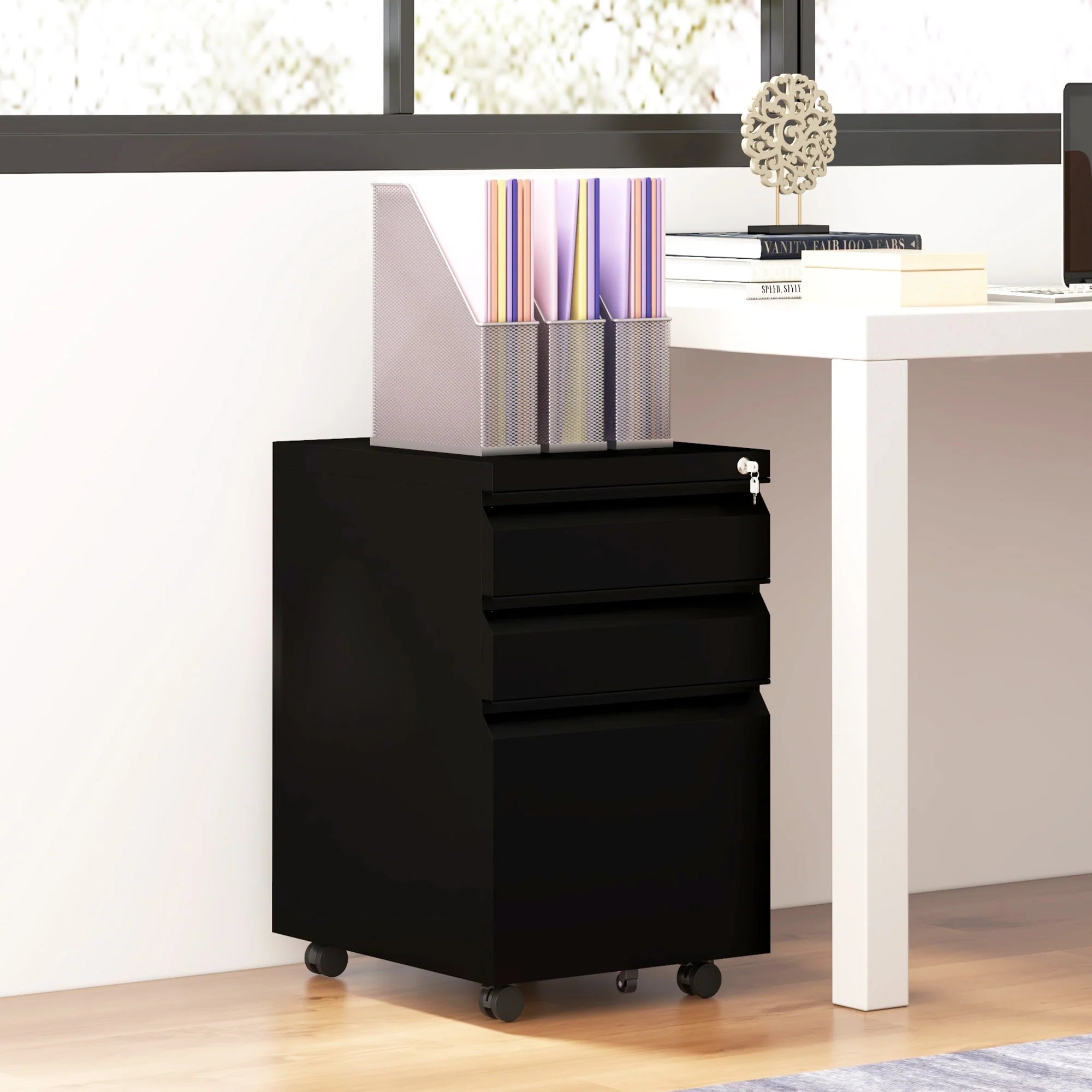 Cajonera Móvil de 3 Cajones, Cajones de Acero con Cerradura para Debajo del Escritorio, 37 x 43,5 x 60 cm, Negro