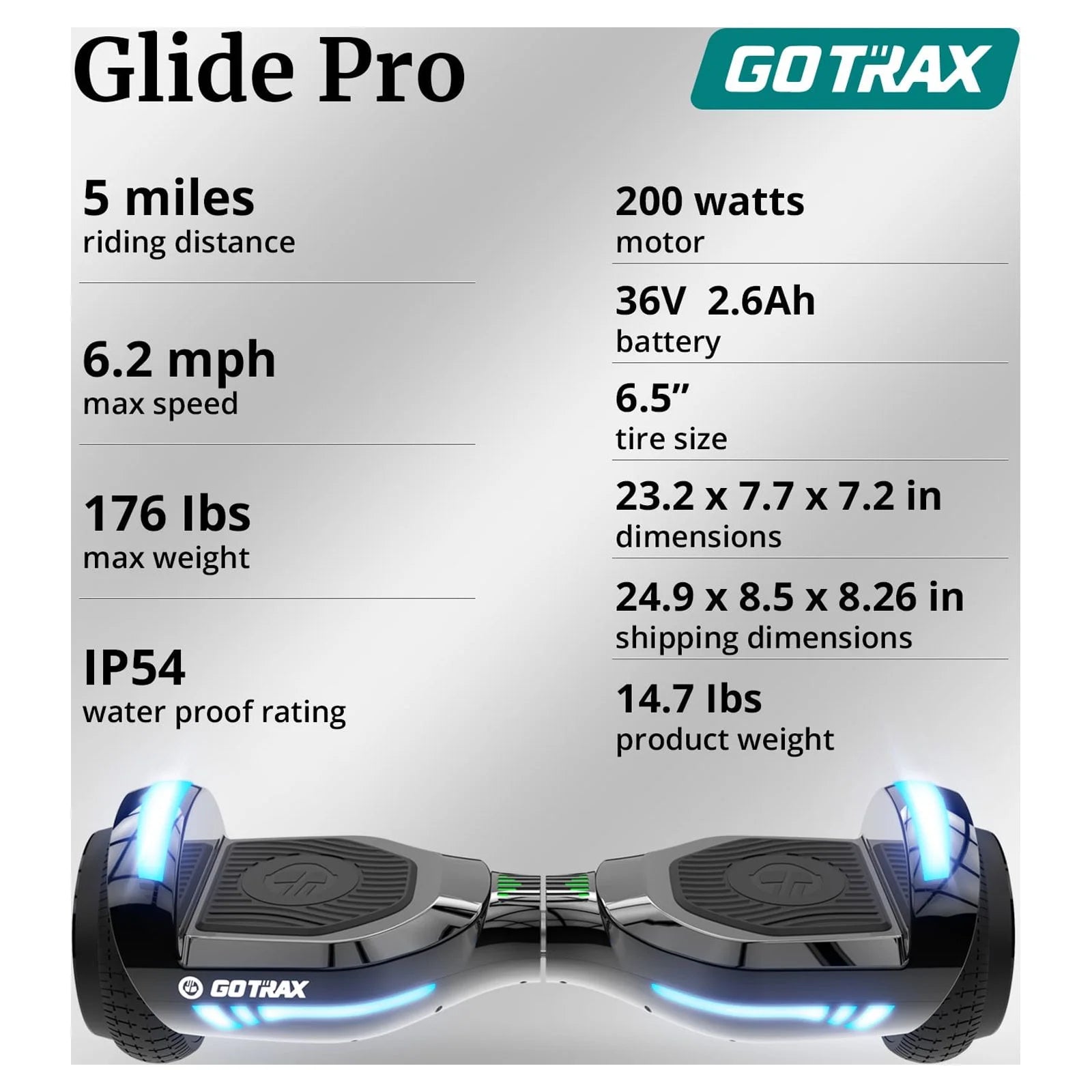 2025 Hoverboard GOTRAX GLIDE PRO con Bluetooth, ruedas de 6,5 pulgadas y luces LED multicolores de 7 colores, scooter autoequilibrado para niños y adultos (20–80 kg), color plateado
