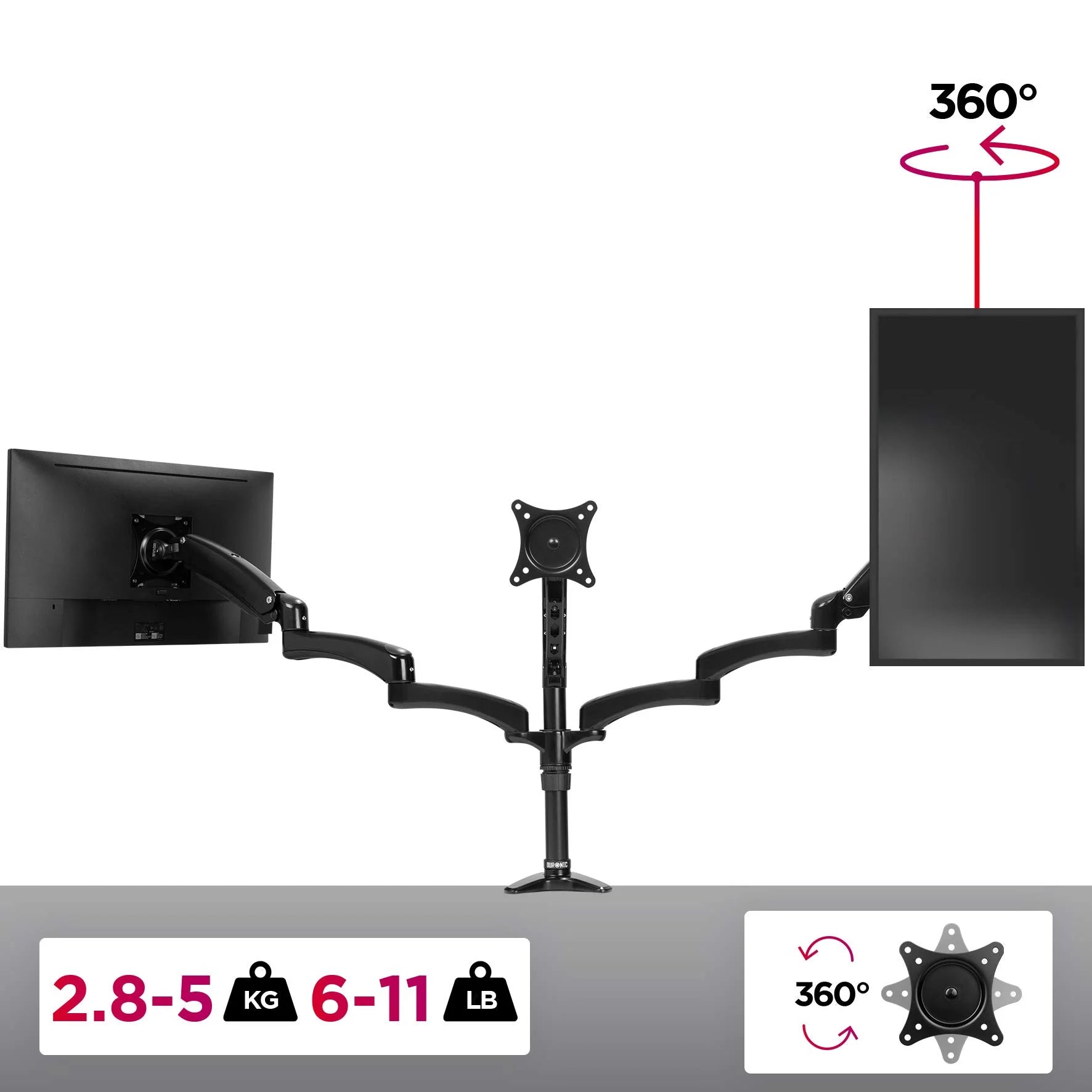 2025 Duronic Soporte para Monitor DM553 | Soporte triple para escritorio PC | NEGRO | Aluminio | Altura ajustable | Para tres pantallas LED/LCD de 15-27 pulgadas | Compatible con VESA 75/100 | Capacidad de 5 kg por pantalla