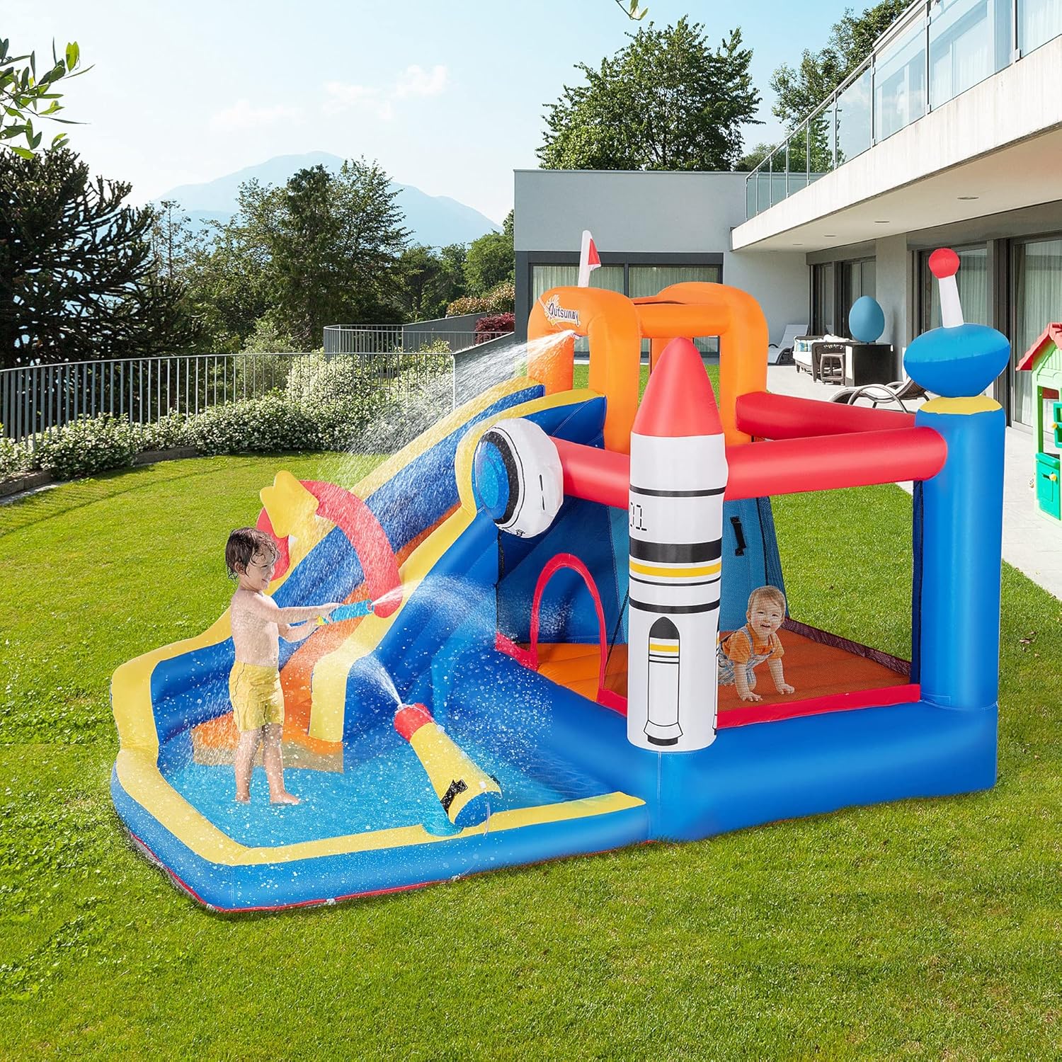 Outsunny Inflatable Game for Kids 3-8 Years Old Space Theme Oxford Fabric with Carry Bag, 11 Stakes and Patches Included, 340 x 270 x 227 cm