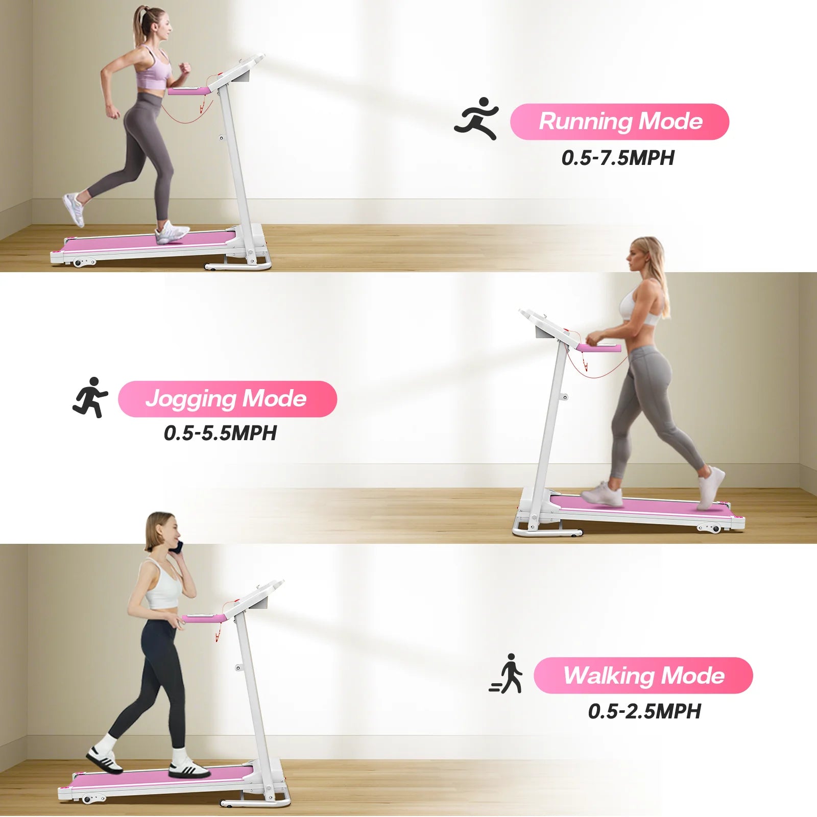 Cinta de correr plegable FYC para el hogar, 2,5 HP, velocidad hasta 12 km/h, motor eléctrico sin escobillas silencioso Proform para gimnasio en casa, tapiz con sensor de frecuencia cardíaca y pantalla LED (rosa)