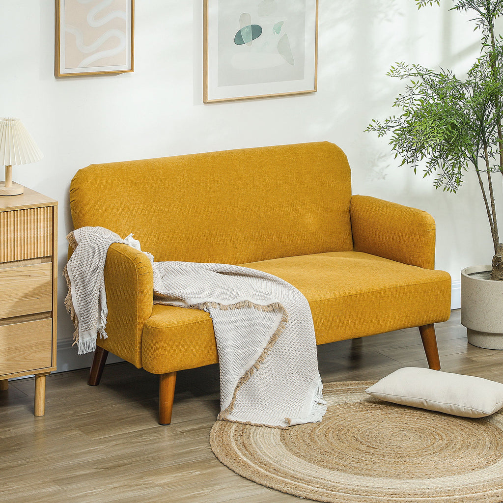 Sofá de 2 plazas en terciopelo, acolchado grueso de 21 cm y patas de madera, color amarillo