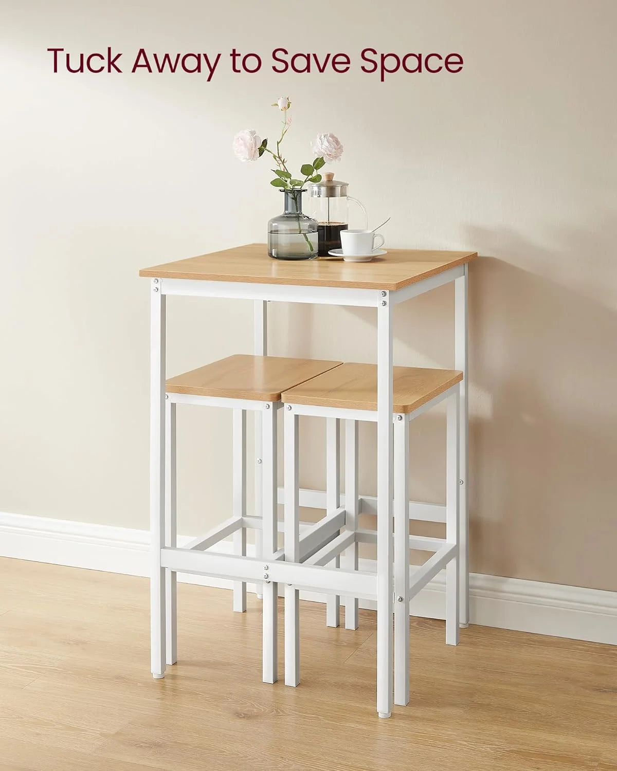 Conjunto de bar con mesa cuadrada y 2 taburetes, set de comedor para 2 personas, ahorro de espacio para cocina, rincón de desayuno, salón, sala de fiestas, en roble dorado y blanco nube