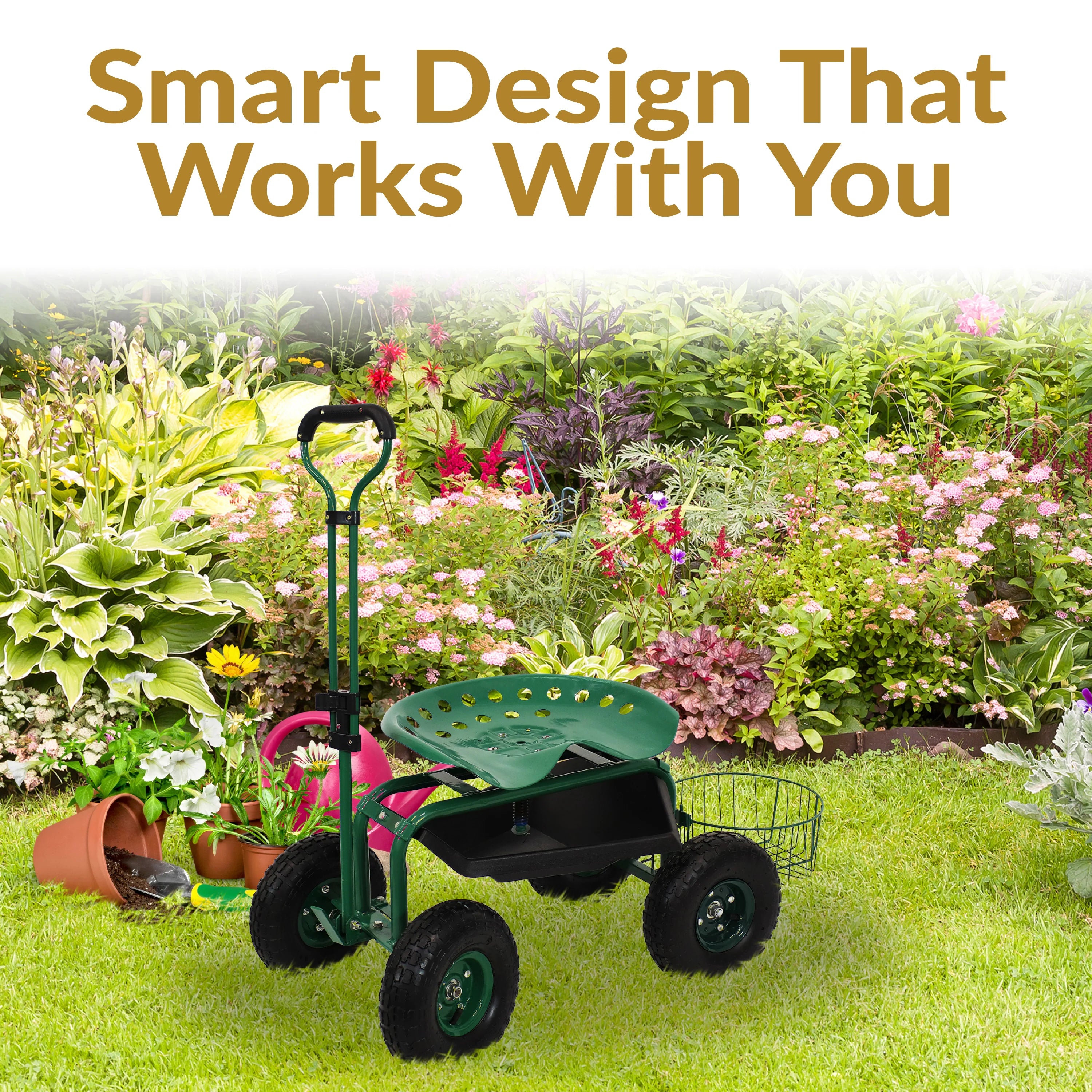 2025 Carrito de Jardín Rodante Sunnydaze con Asiento Giratorio, Manillar y Cesta
