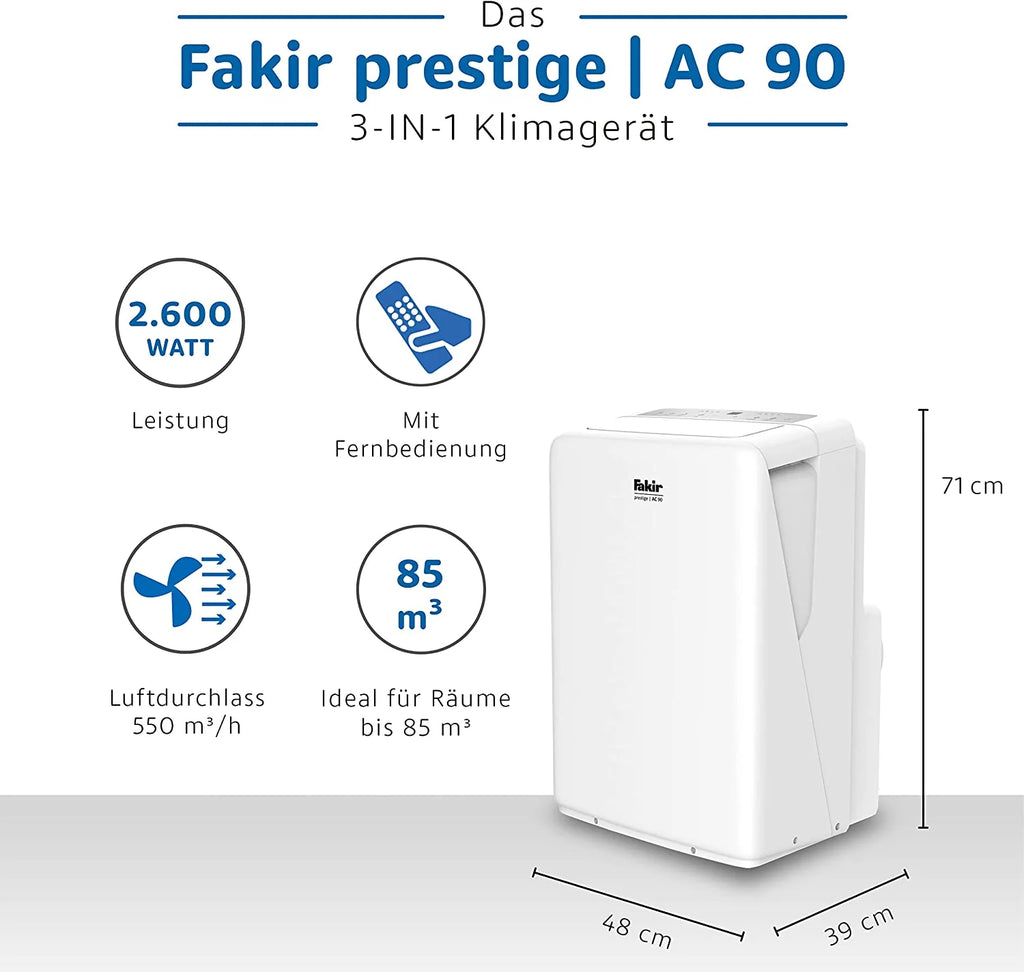 2025 Fakir Prestige AC 90 – Aire Acondicionado Móvil | Enfriador de Aire con 3 Modos de Viento + Función Automática, Temporizador y Control Remoto | Ventilador Auxiliar para Estancias de Hasta 85 m³ | Blanco | 2600 Vatios