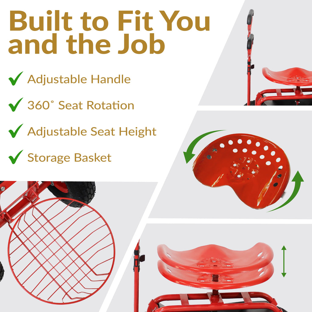 2025 Carrito de Jardín Rodante Sunnydaze con Asiento Giratorio, Manillar y Cesta