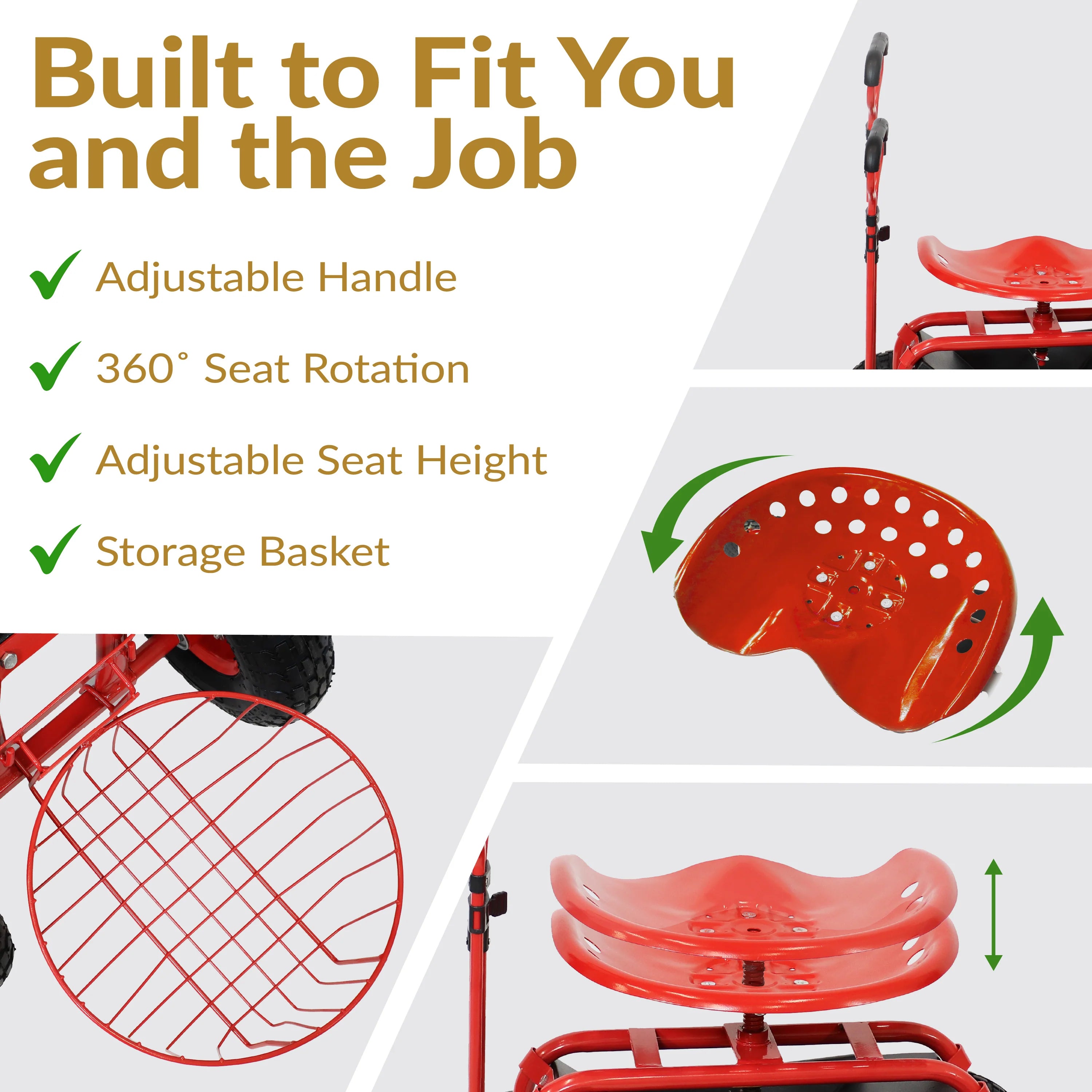 2025 Carrito de Jardín Rodante Sunnydaze con Asiento Giratorio, Manillar y Cesta