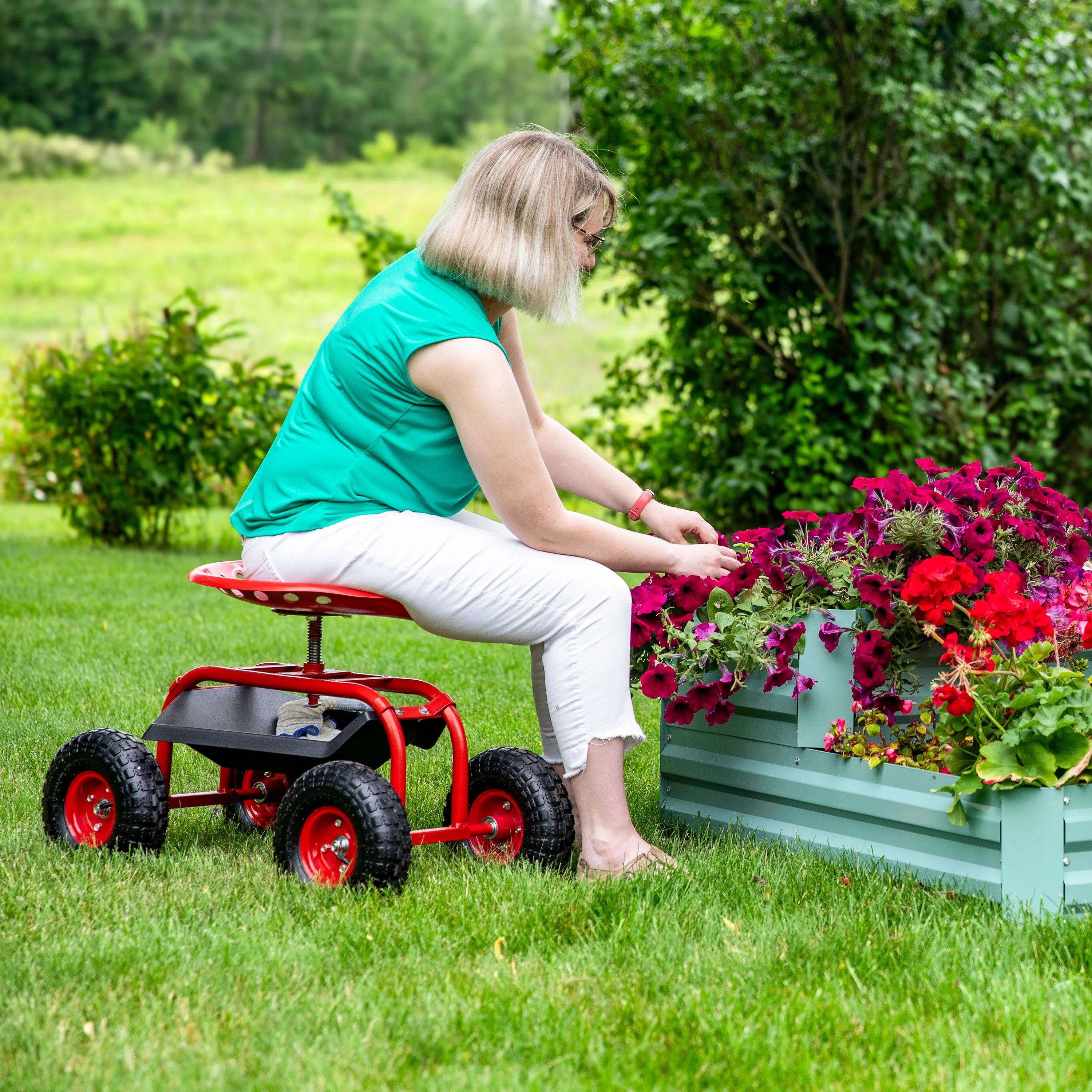 2025 Carrito de Jardín Rodante Sunnydaze con Asiento Giratorio de 360 Grados y Bandeja para Herramientas