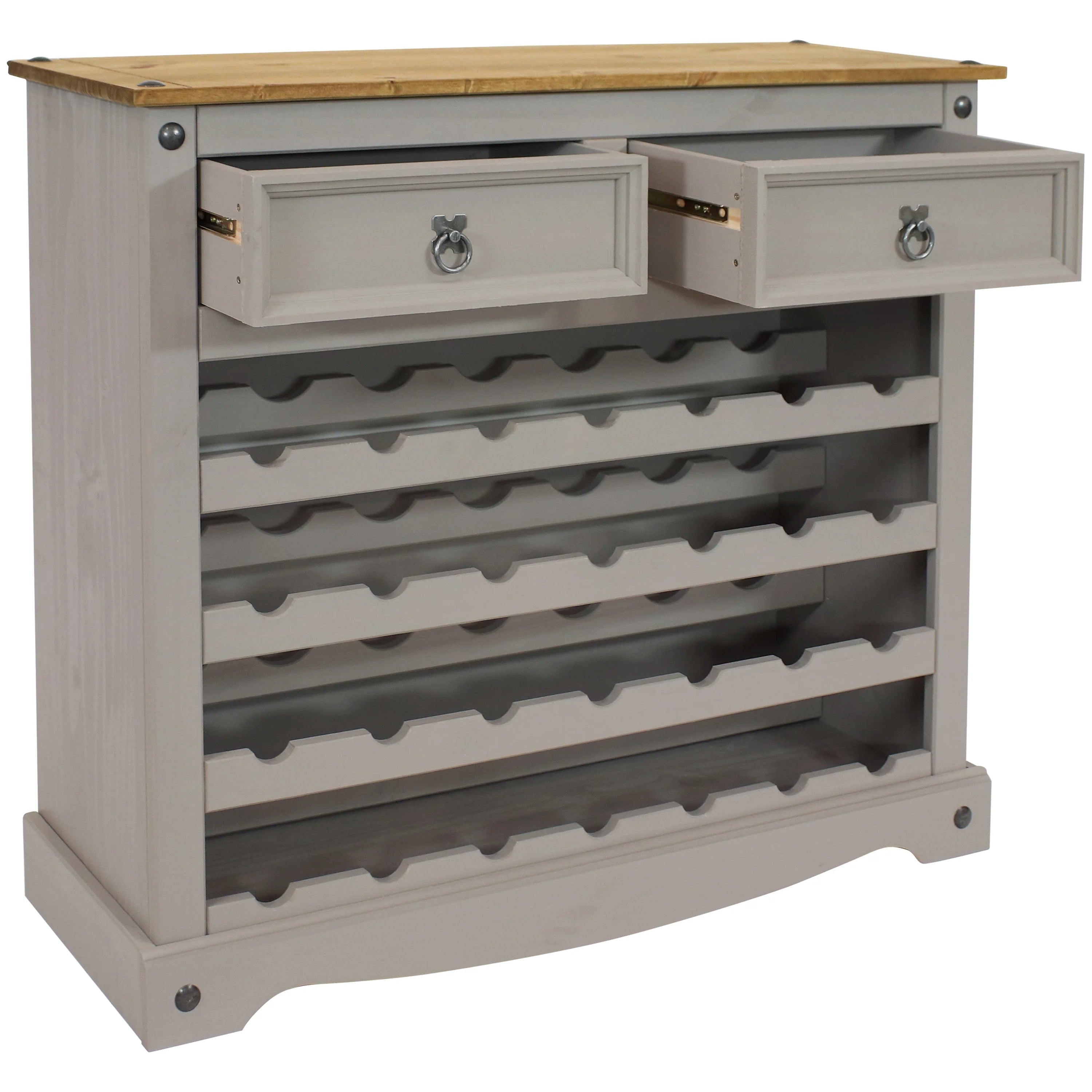 2025 Mesa estante para vino de pino macizo Sunnydaze – 28 botellas, gris, 88 cm