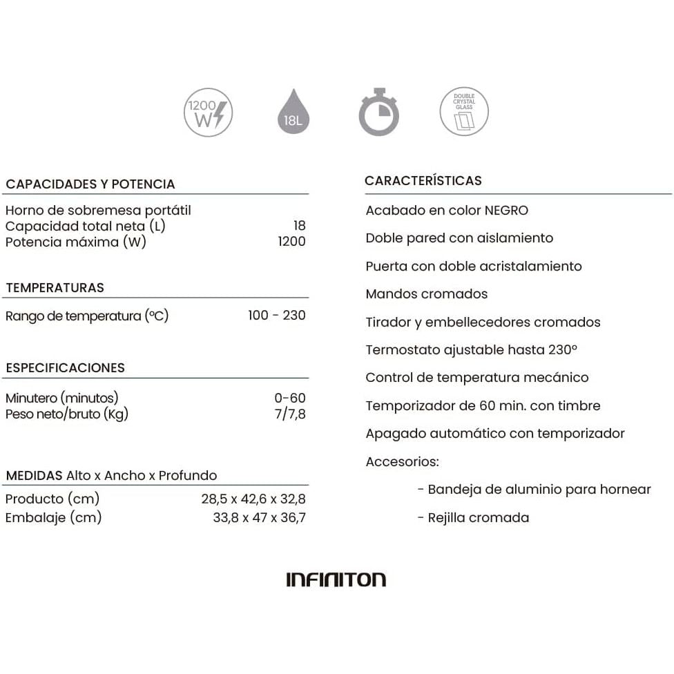 Infiniton Hsm-a18n – Horno Sobremesa, Negro, 18l, 1200w, Doble Acristalamiento, Control De Temperatura, Temporizador 60 Min.