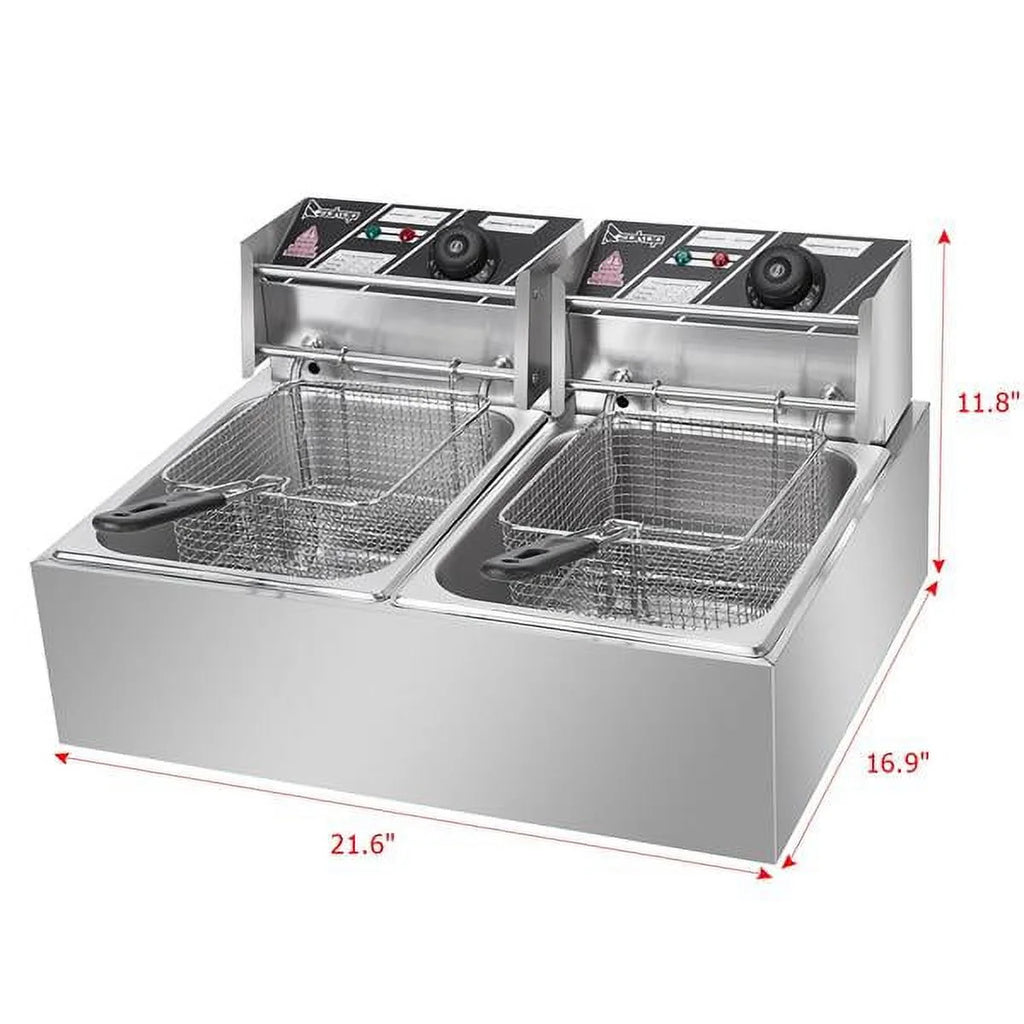 Freidora eléctrica de sobremesa con doble tanque de acero inoxidable - Gran capacidad - Electrodoméstico de sobremesa - Freidora industrial con tanque grande para papas fritas (12.7 cuartos/12 L, 5000 W)