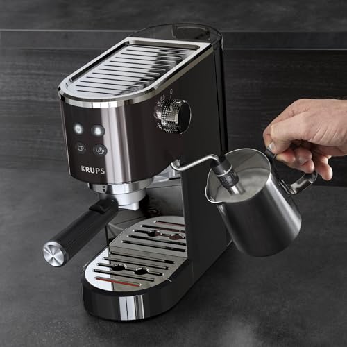 Krups Virtuoso Essential - Cafetera espresso 15 bar, acero inox negro, diseño compacto y elegante, parada automática, espresso y cappuccino, Thermoblock, boquilla de vapor, incluye cuchara, XP4418