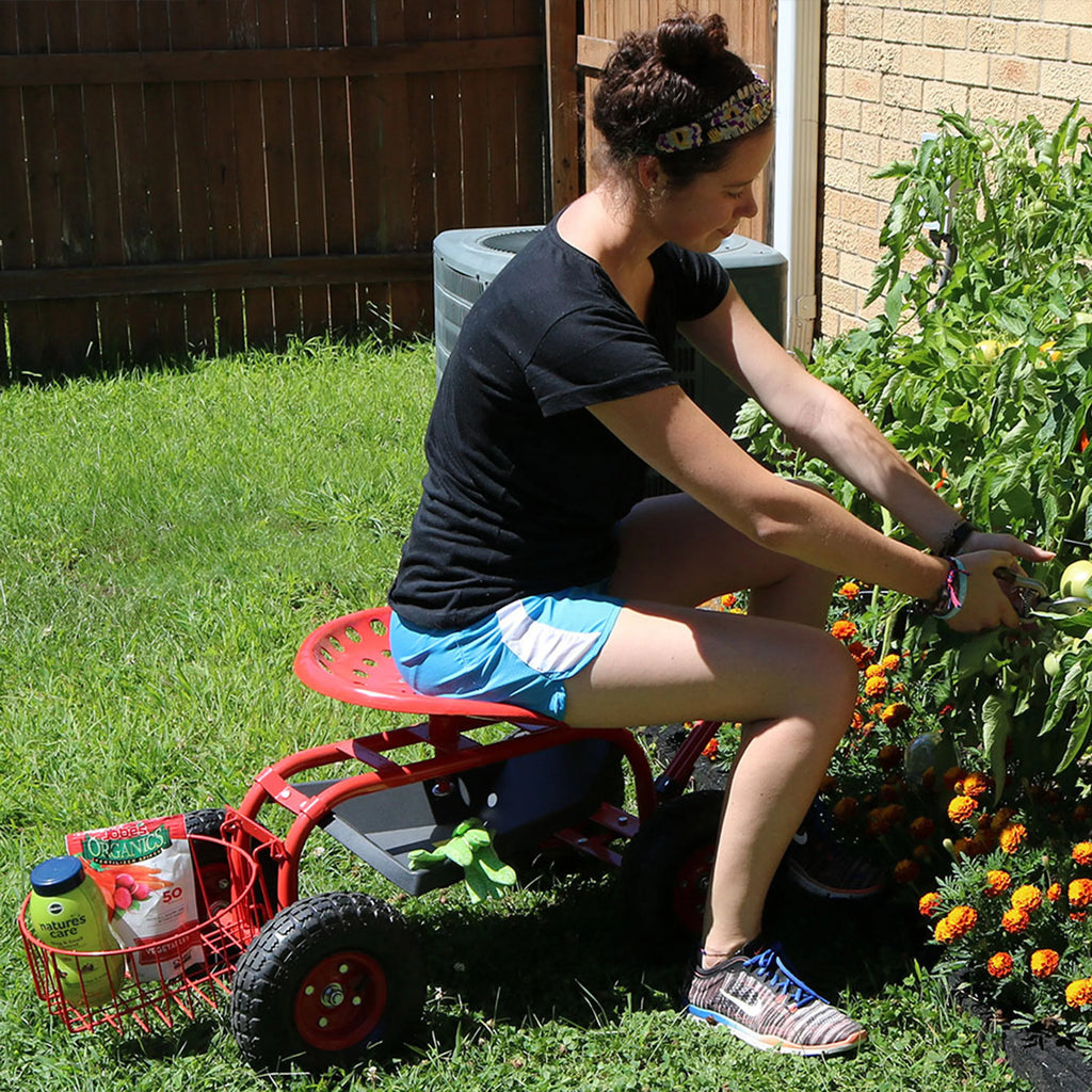 2025 Carrito de Jardín Rodante Sunnydaze con Asiento Giratorio, Manillar y Cesta