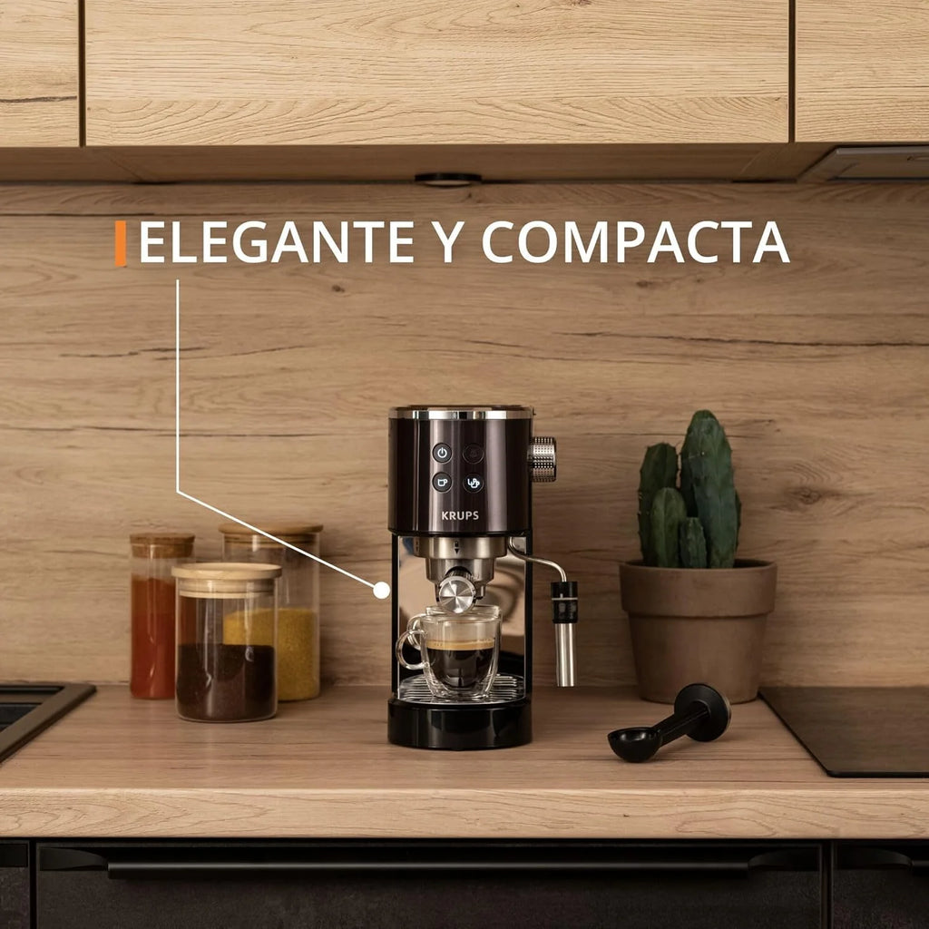 Krups Virtuoso Essential - Cafetera espresso 15 bar, acero inox negro, diseño compacto y elegante, parada automática, espresso y cappuccino, Thermoblock, boquilla de vapor, incluye cuchara, XP4418