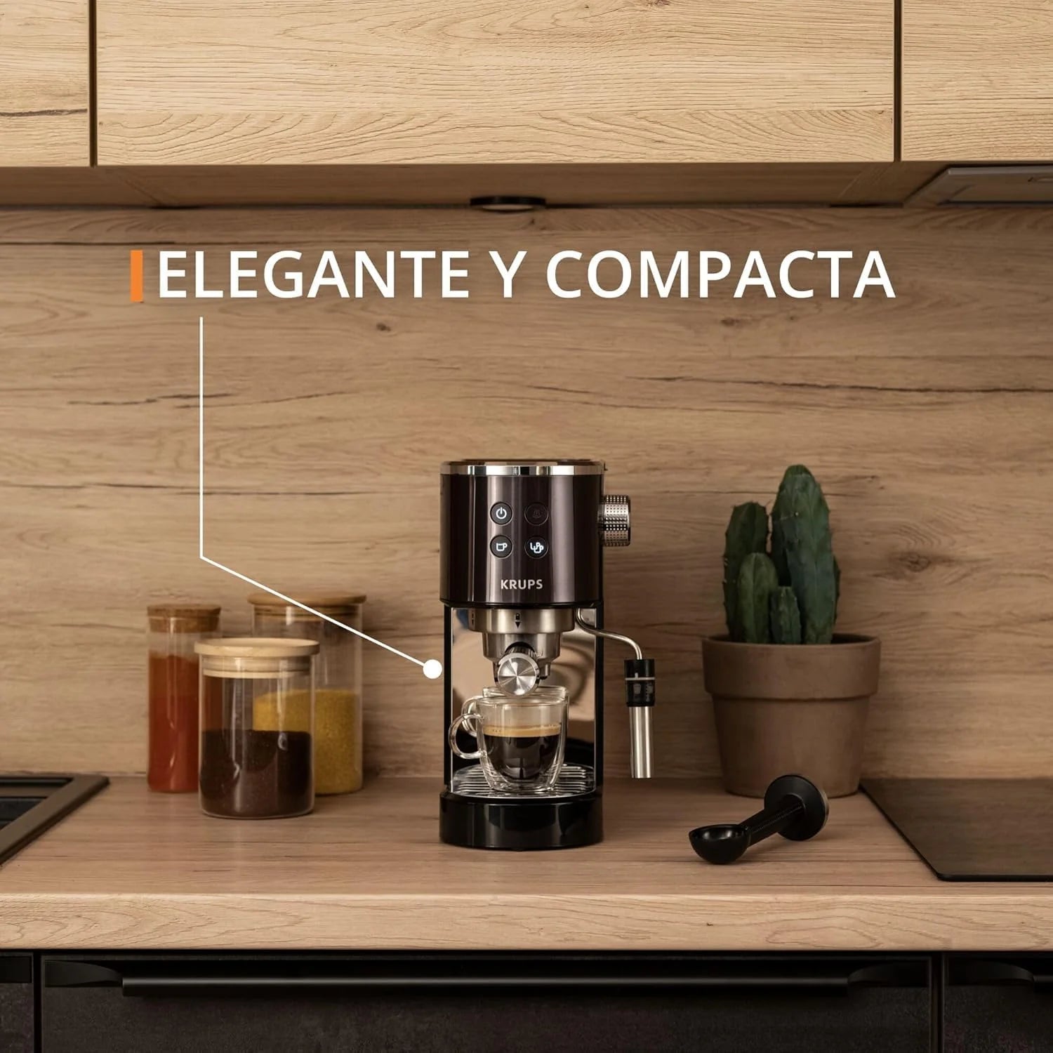 Krups Virtuoso Essential - Cafetera espresso 15 bar, acero inox negro, diseño compacto y elegante, parada automática, espresso y cappuccino, Thermoblock, boquilla de vapor, incluye cuchara, XP4418