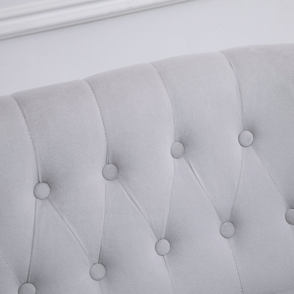 Sofá loveseat vintage, sillón capitoné con patas talladas y marco de madera, gris