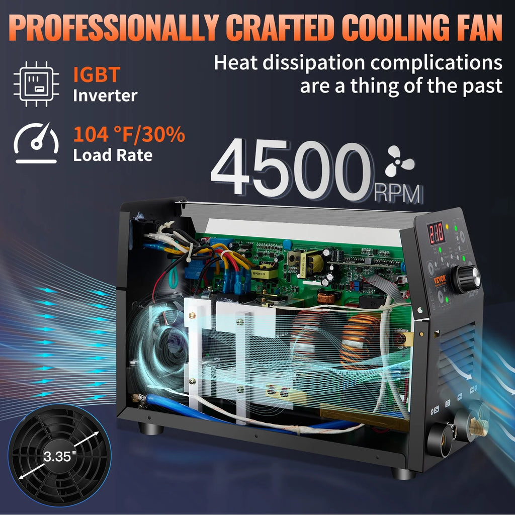 2025 Soldadora TIG VEVOR 210A 110/220V bi-tensión 3-en-1 con pulso, inversor IGBT y antorcha – soldadura TIG/MIG/MMA y limpieza para acero inoxidable, hierro, cobre y níquel